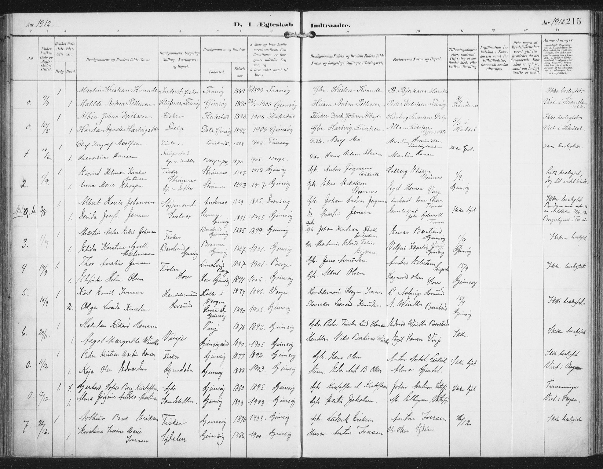 Ministerialprotokoller, klokkerbøker og fødselsregistre - Nordland, SAT/A-1459/876/L1098: Parish register (official) no. 876A04, 1896-1915, p. 215