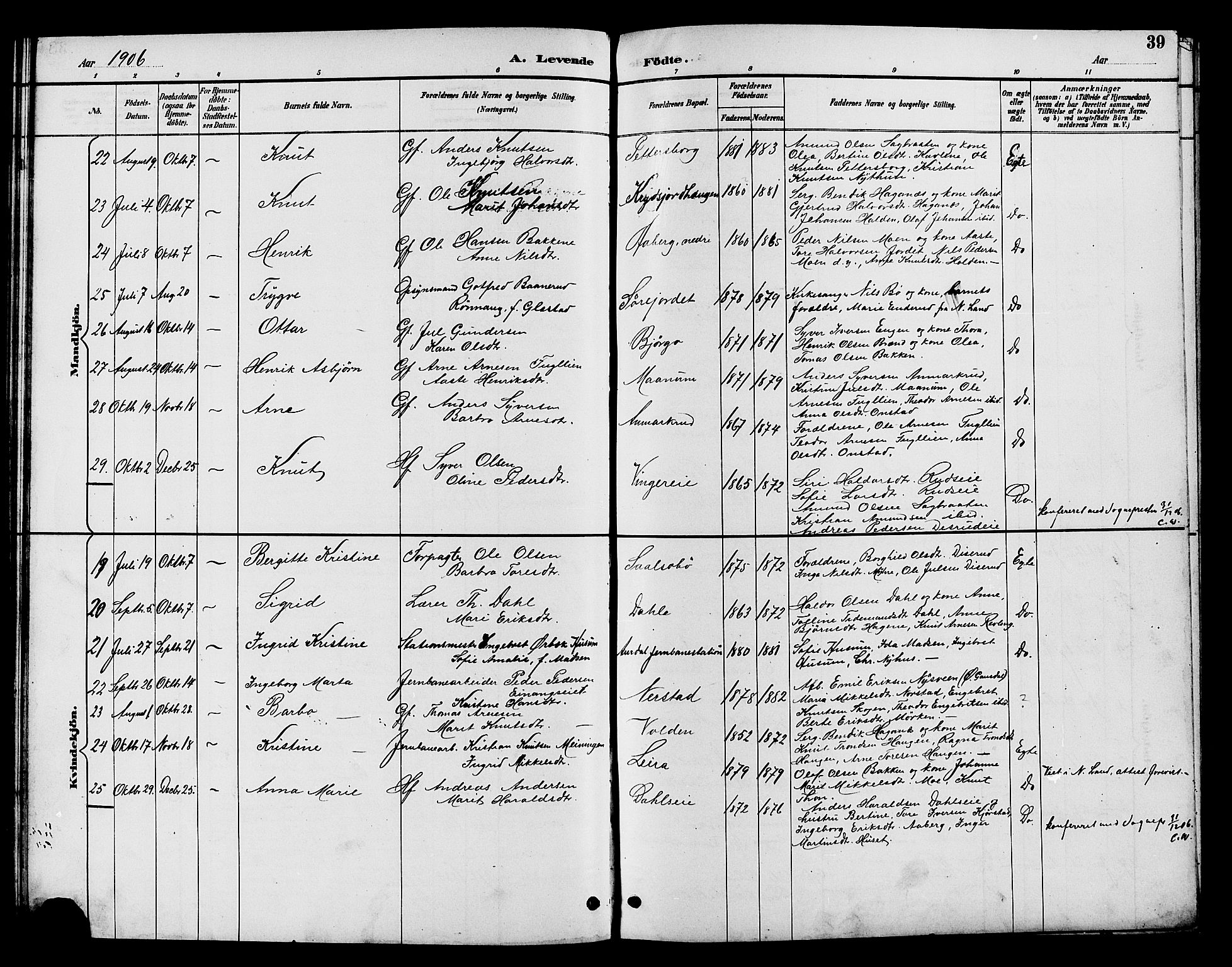 Nord-Aurdal prestekontor, SAH/PREST-132/H/Ha/Hab/L0010: Parish register (copy) no. 10, 1892-1907, p. 39