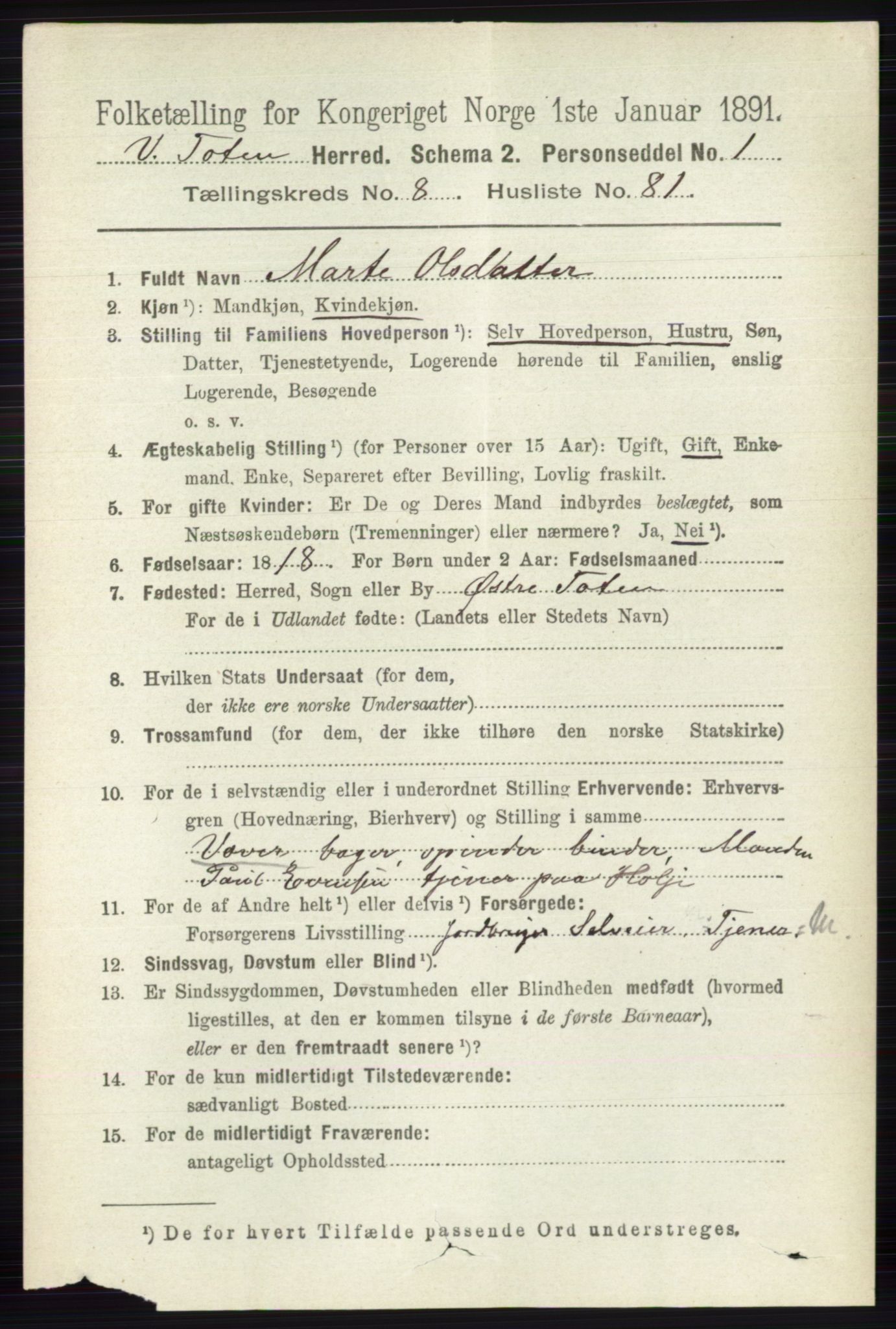 RA, 1891 census for 0529 Vestre Toten, 1891, p. 5446