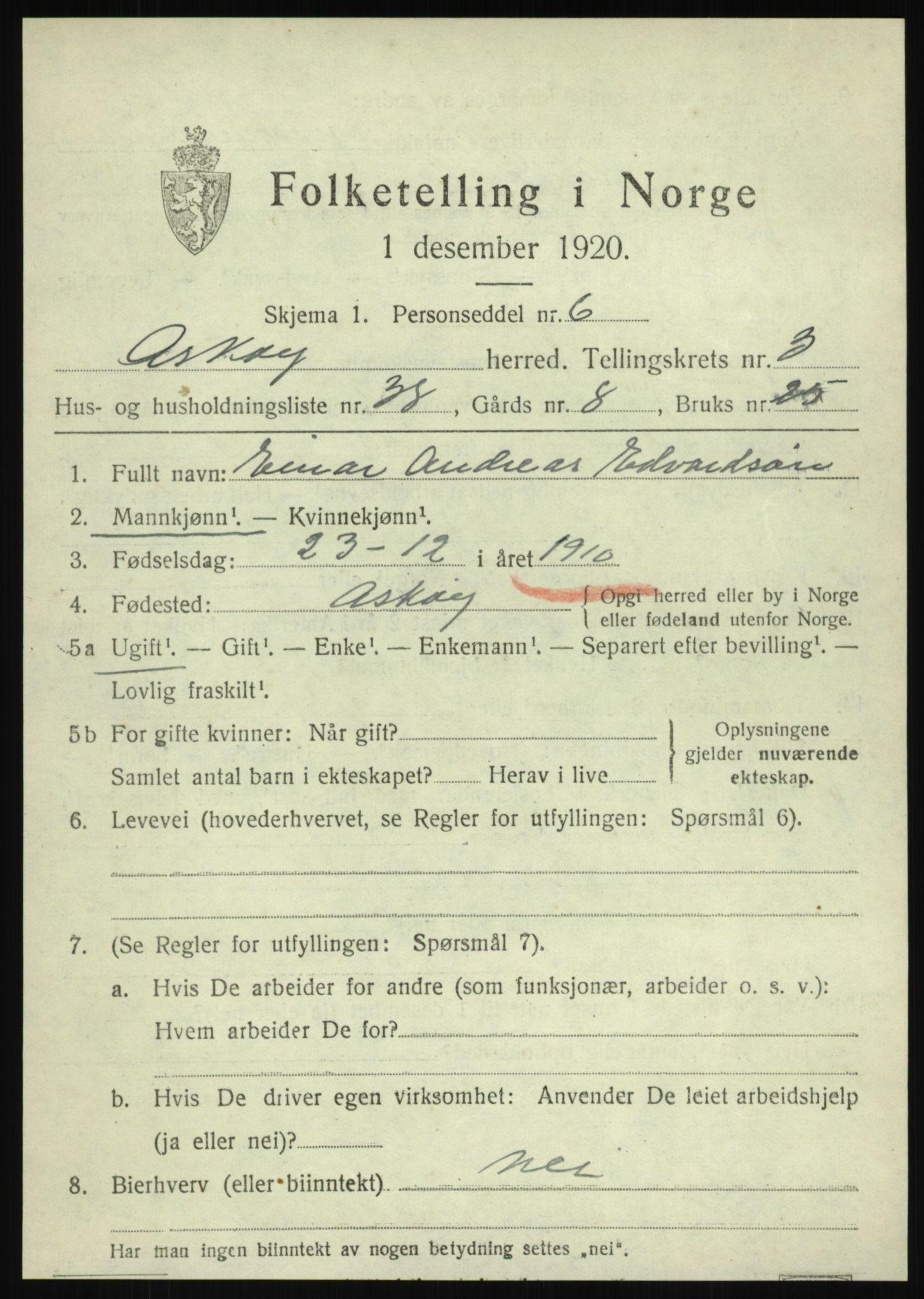 SAB, 1920 census for Askøy, 1920, p. 6852