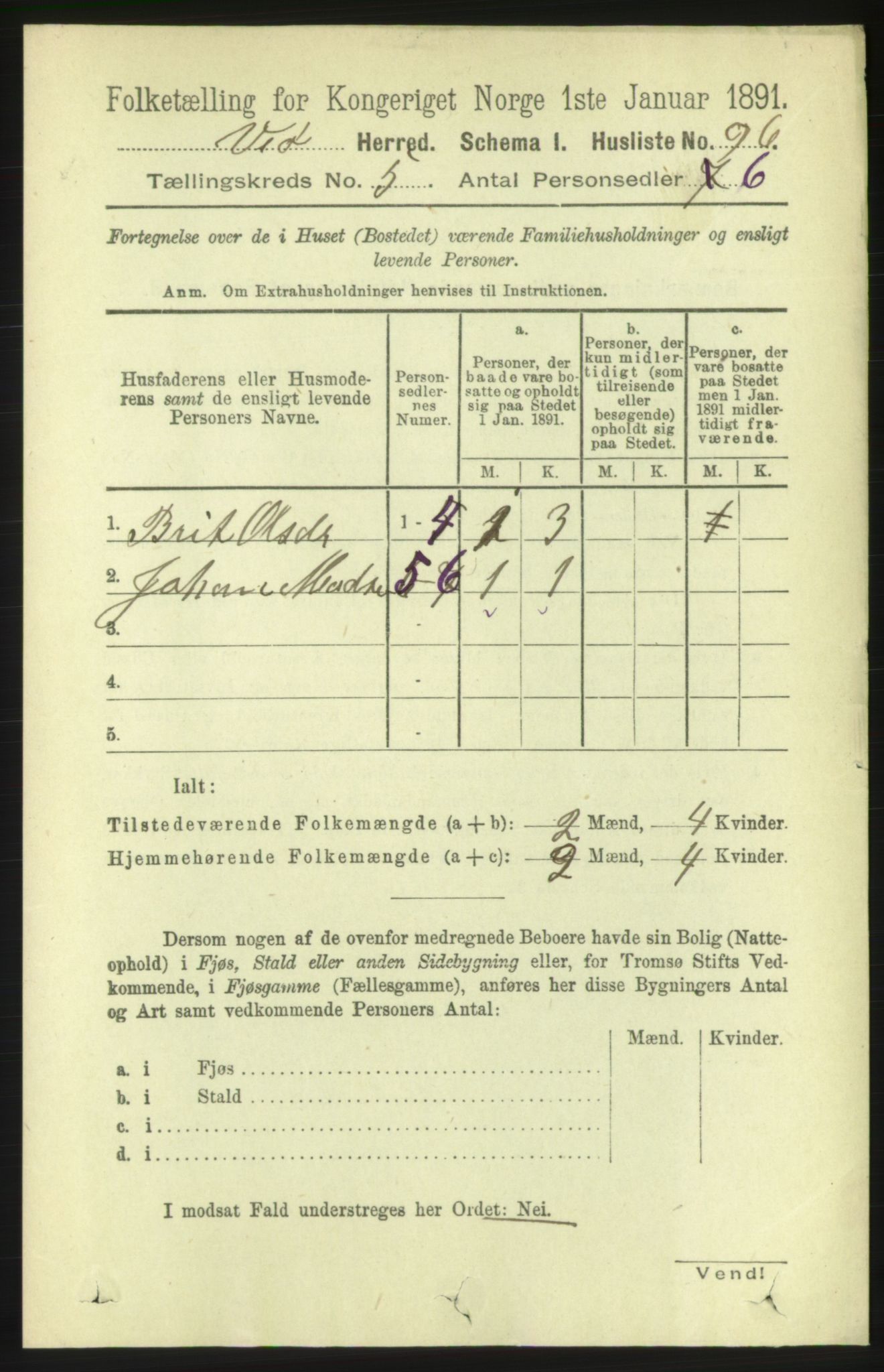 RA, 1891 census for 1541 Veøy, 1891, p. 2476