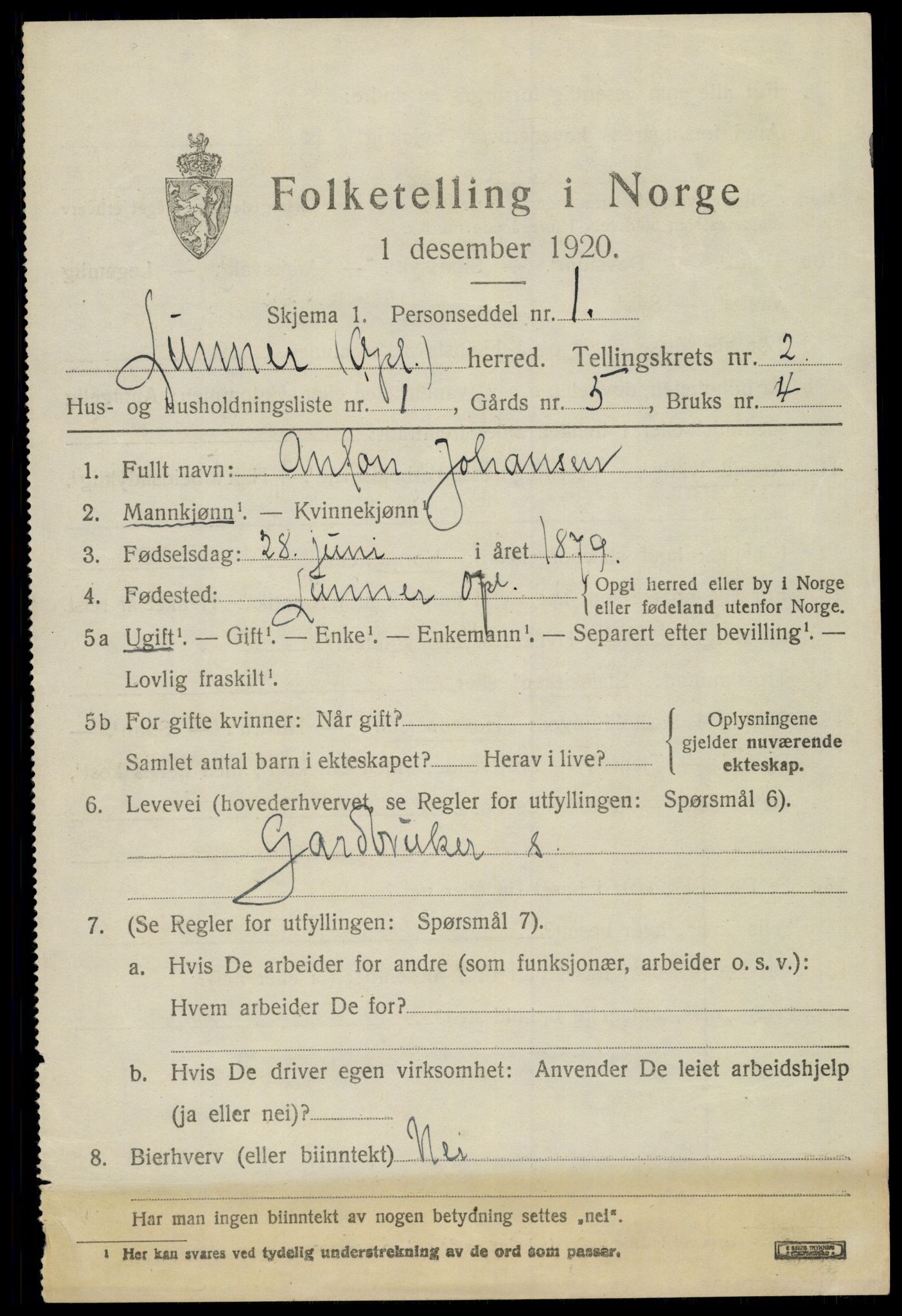 SAH, 1920 census for Lunner, 1920, p. 2867