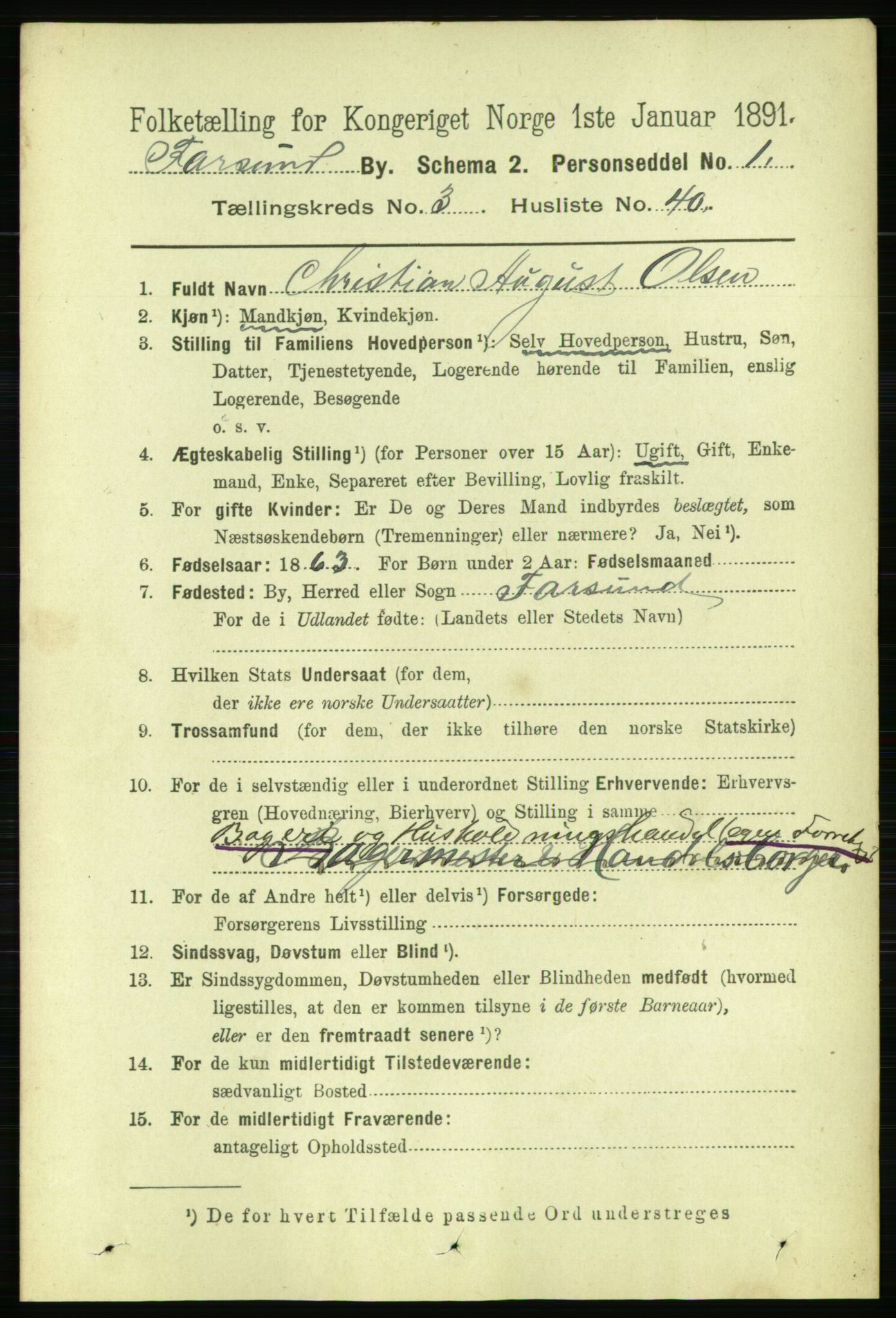 RA, 1891 census for 1003 Farsund, 1891, p. 1614