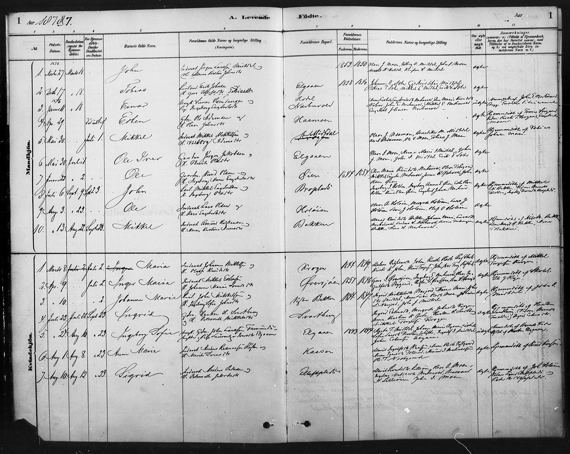 Tolga prestekontor, AV/SAH-PREST-062/K/L0007: Parish register (official) no. 7, 1877-1900, p. 1