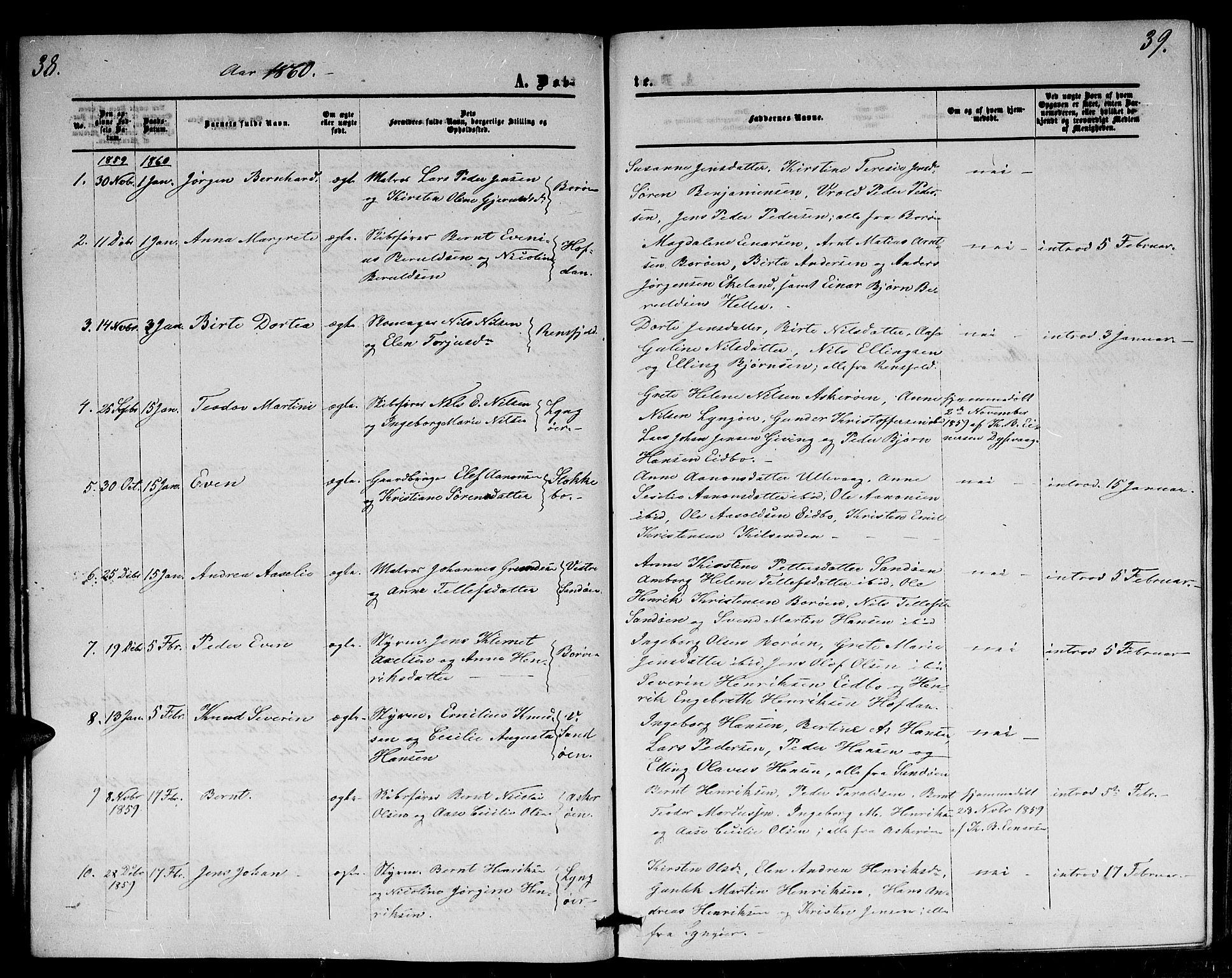 Dypvåg sokneprestkontor, SAK/1111-0007/F/Fb/Fba/L0011: Parish register (copy) no. B 11, 1857-1872, p. 38-39