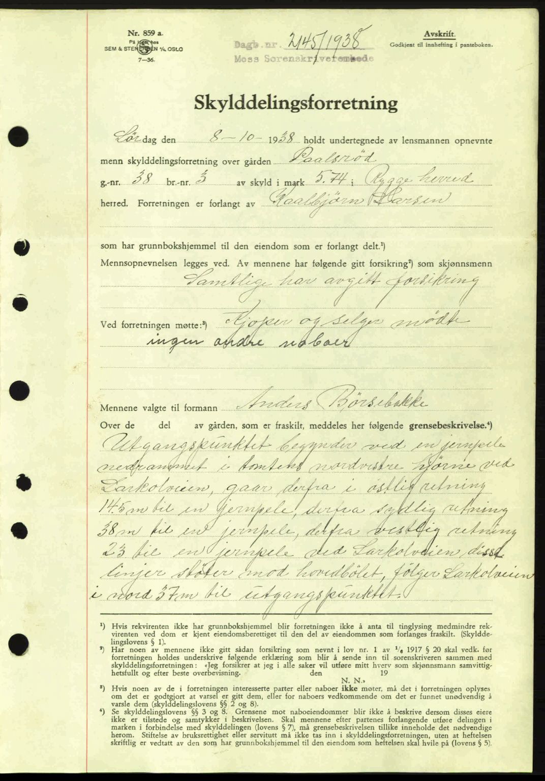 Moss sorenskriveri, SAO/A-10168: Mortgage book no. A5, 1938-1939, Diary no: : 2145/1938
