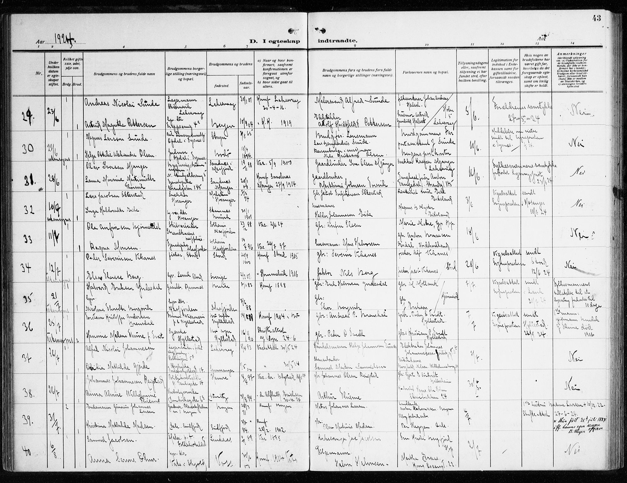 Korskirken sokneprestembete, AV/SAB-A-76101/H/Haa/L0039: Parish register (official) no. D 6, 1919-1938, p. 43