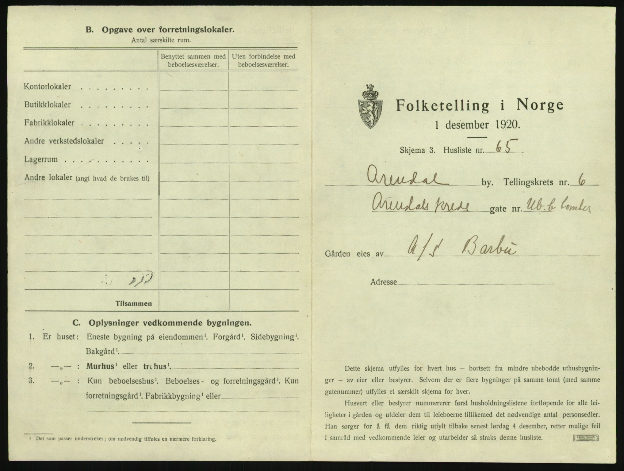 SAK, 1920 census for Arendal, 1920, p. 844