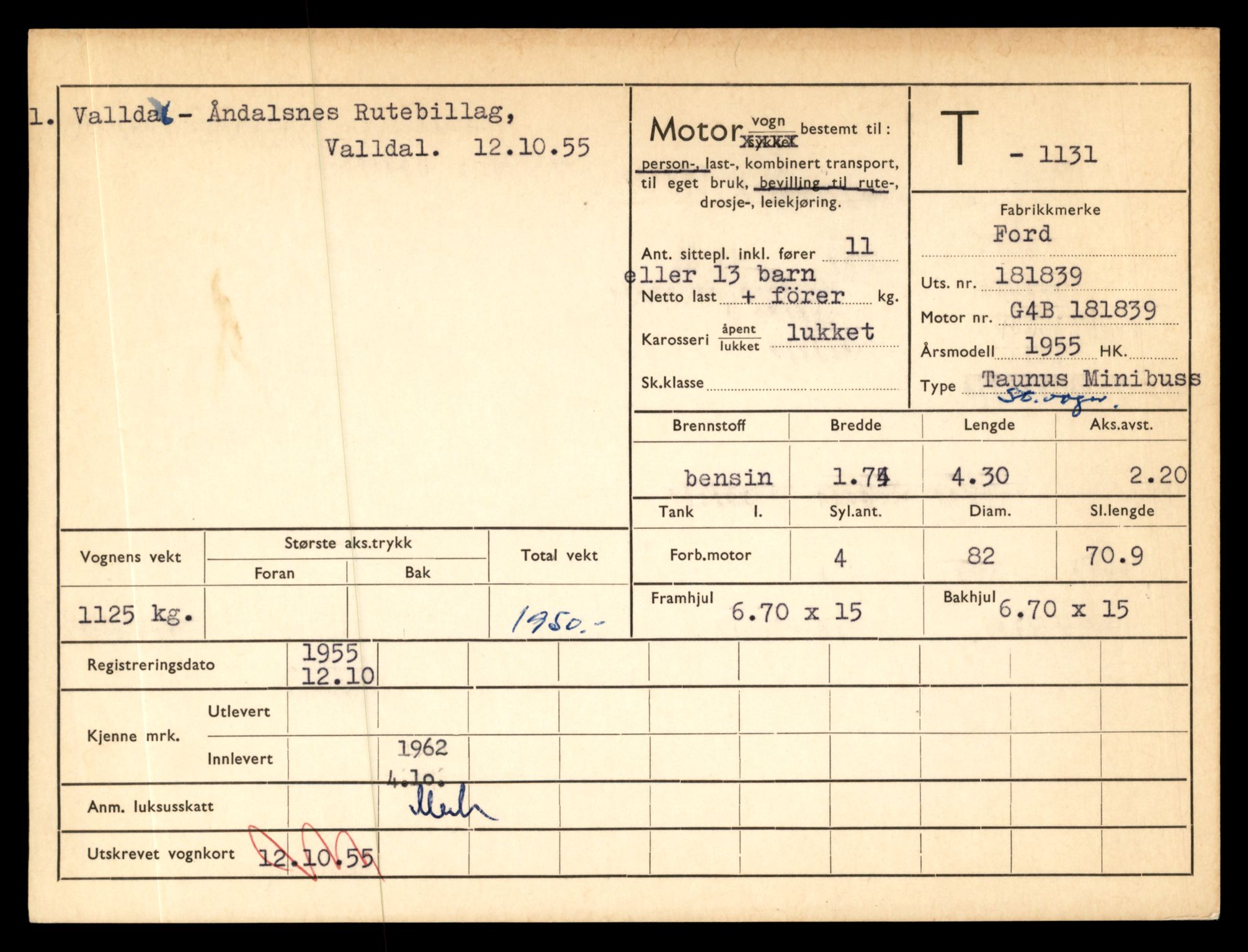 Møre og Romsdal vegkontor - Ålesund trafikkstasjon, AV/SAT-A-4099/F/Fe/L0010: Registreringskort for kjøretøy T 1050 - T 1169, 1927-1998, p. 2303