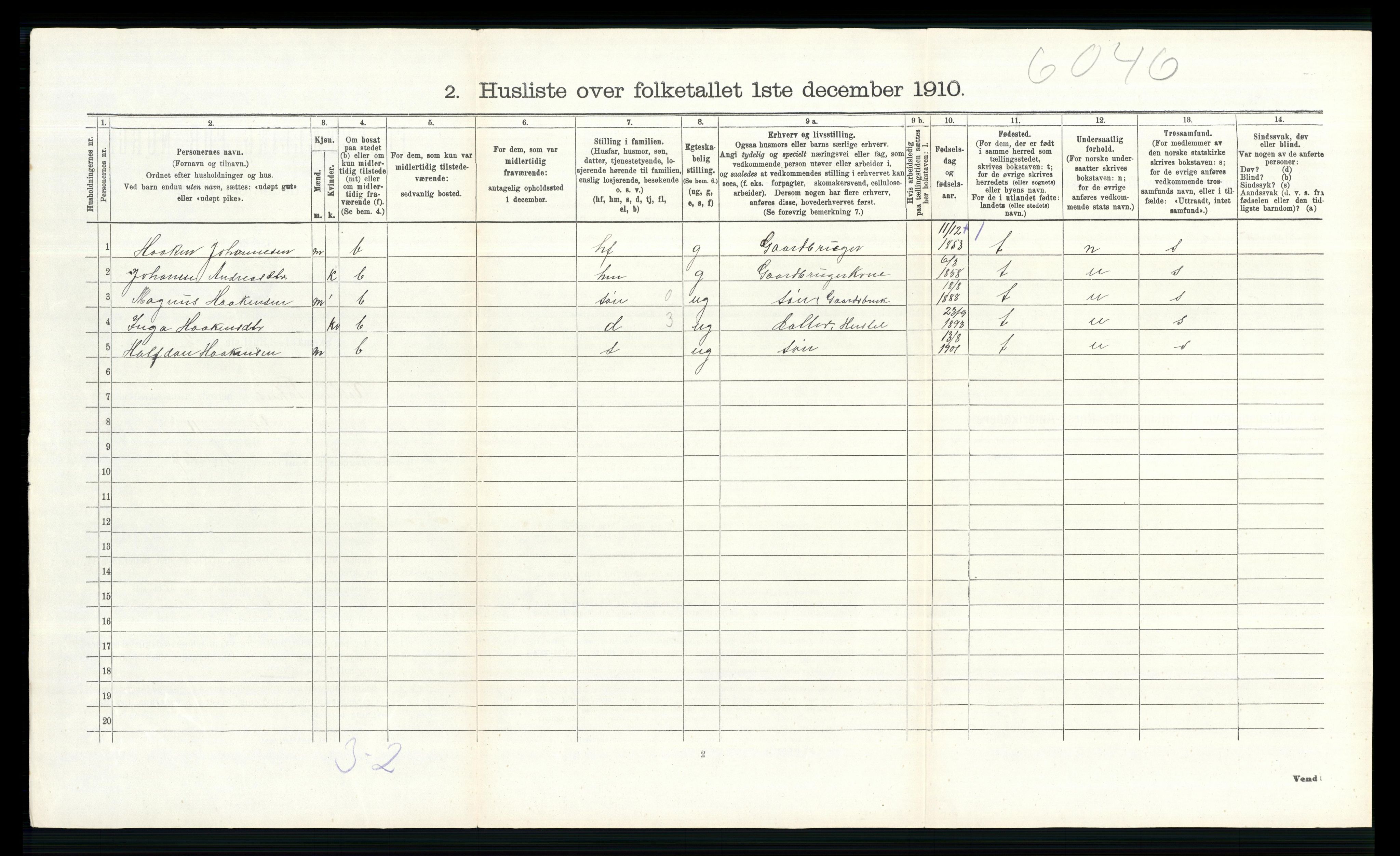 RA, 1910 census for Vestre Toten, 1910, p. 1026