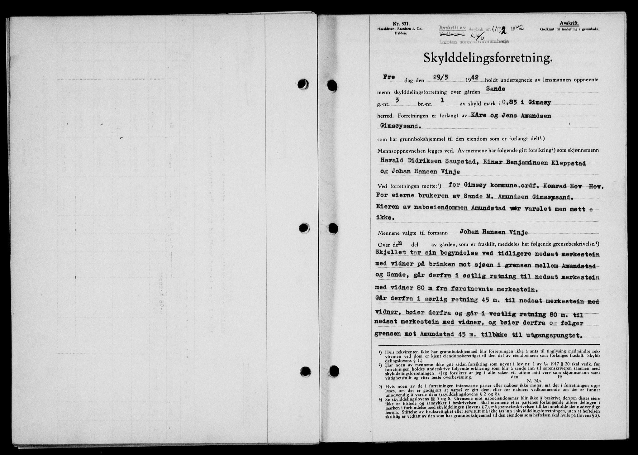 Lofoten sorenskriveri, SAT/A-0017/1/2/2C/L0010a: Mortgage book no. 10a, 1942-1943, Diary no: : 1132/1942