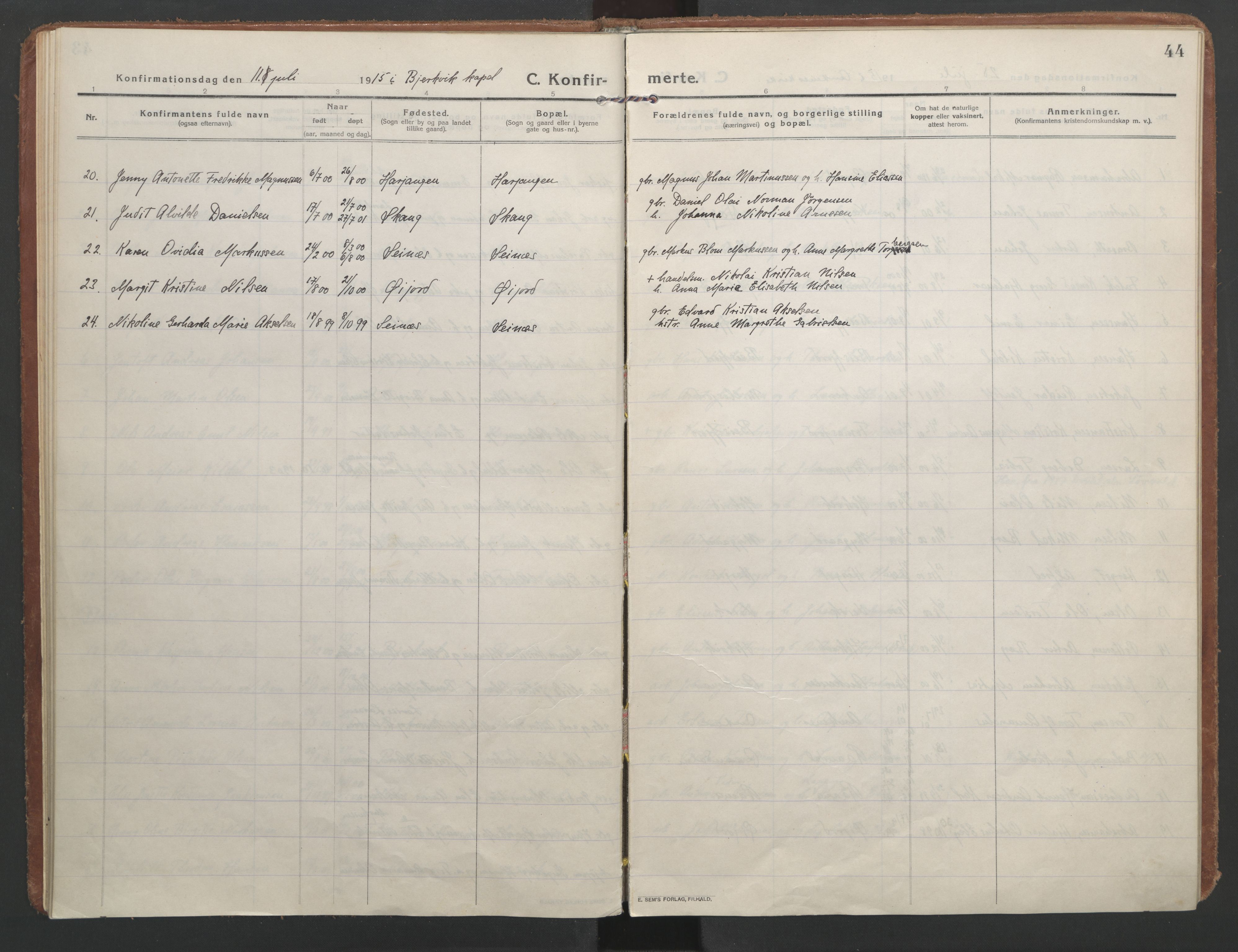 Ministerialprotokoller, klokkerbøker og fødselsregistre - Nordland, AV/SAT-A-1459/866/L0944: Parish register (official) no. 866A07, 1906-1926, p. 44