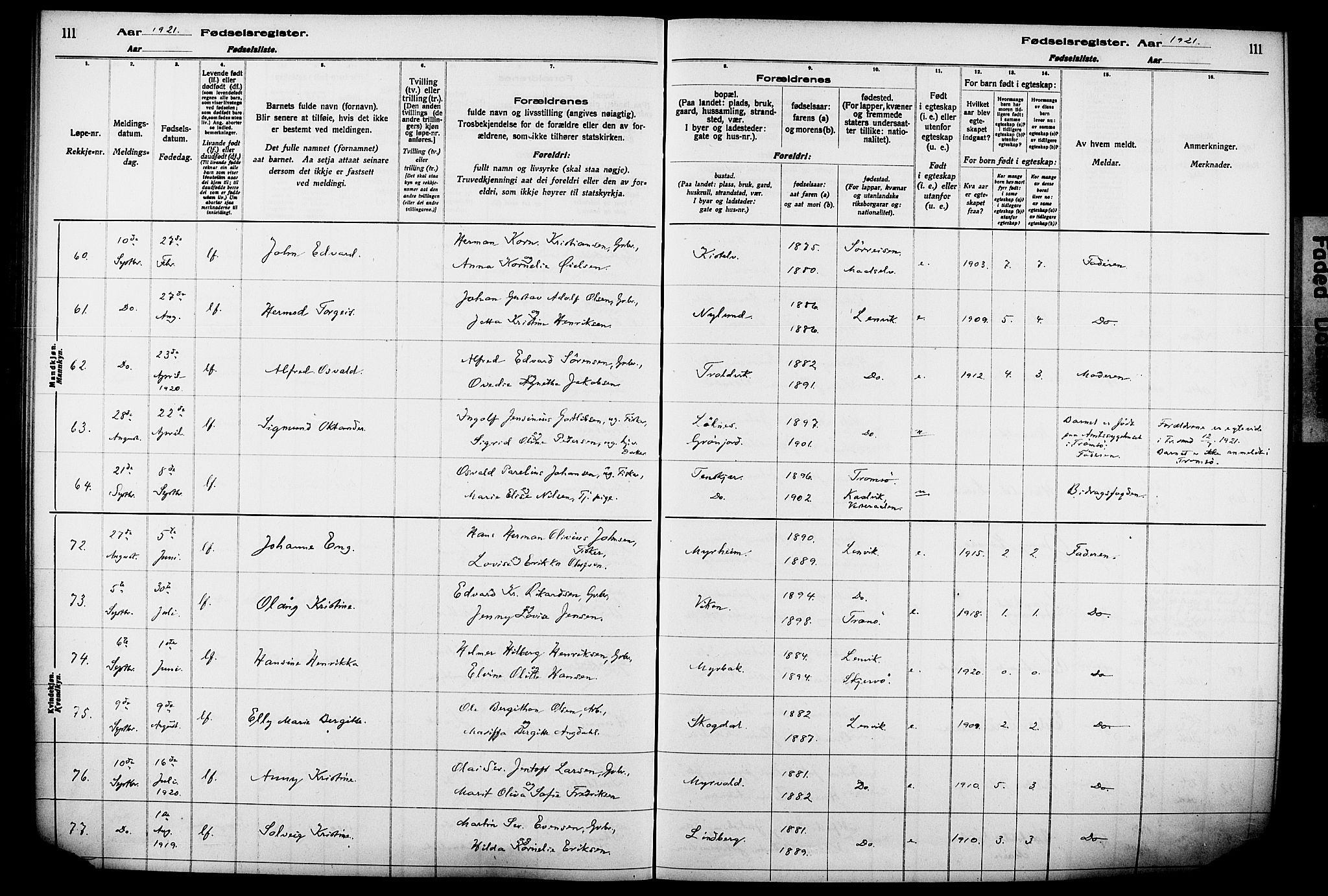 Lenvik sokneprestembete, AV/SATØ-S-1310/I/Ic/L0089: Birth register no. 89, 1916-1926, p. 111