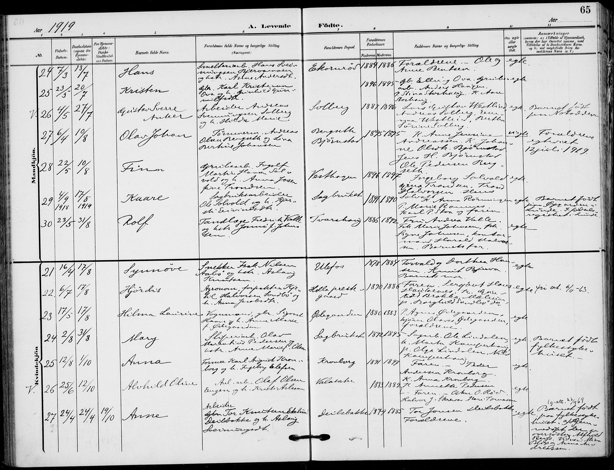 Holla kirkebøker, AV/SAKO-A-272/F/Fa/L0012: Parish register (official) no. 12, 1907-1923, p. 65