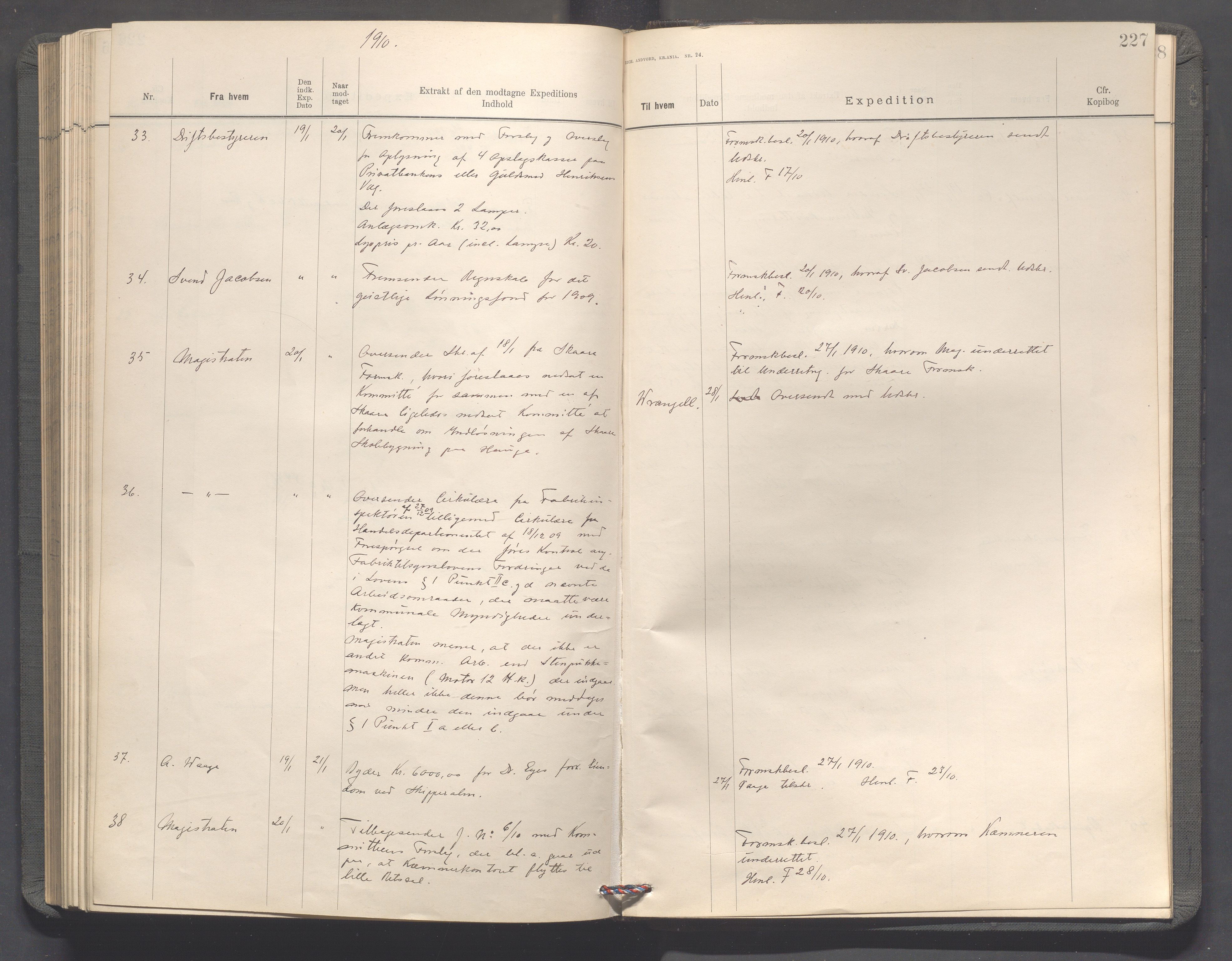 Haugesund kommune - Formannskapet, IKAR/X-0001/C/L0003: Journal, 1907-1910, p. 227