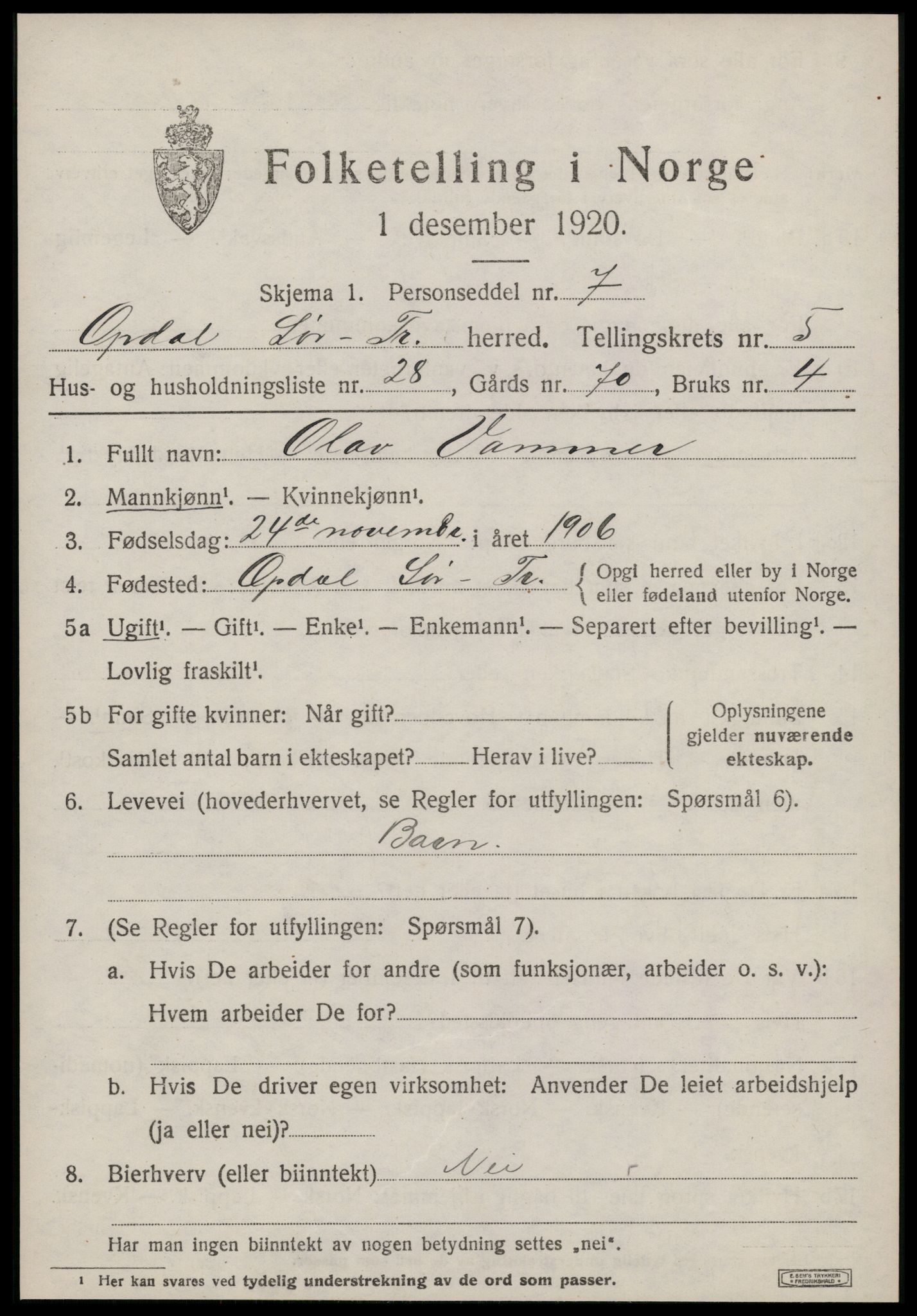 SAT, 1920 census for Oppdal, 1920, p. 5277