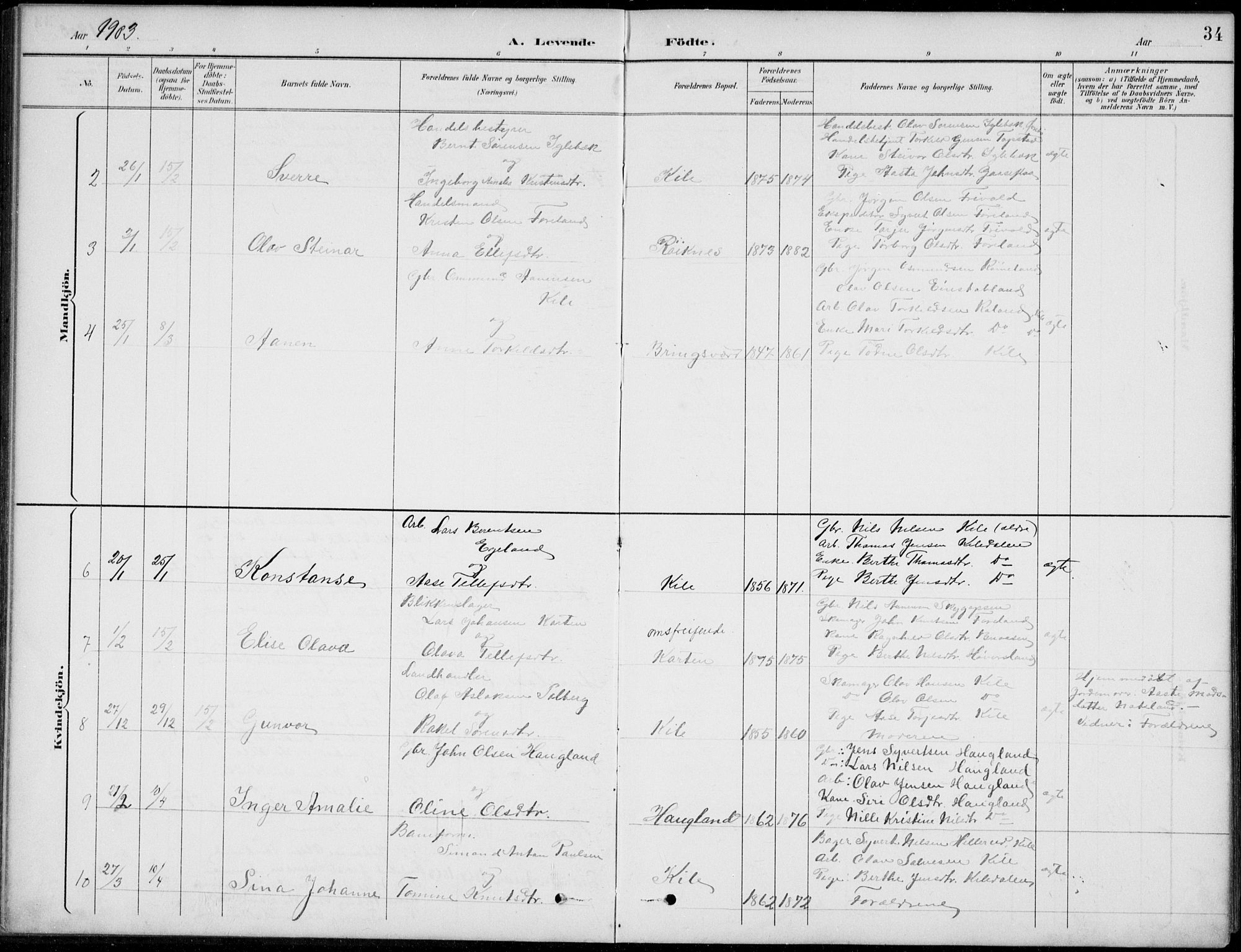 Vennesla sokneprestkontor, AV/SAK-1111-0045/Fb/Fba/L0003: Parish register (copy) no. B 3, 1890-1919, p. 34