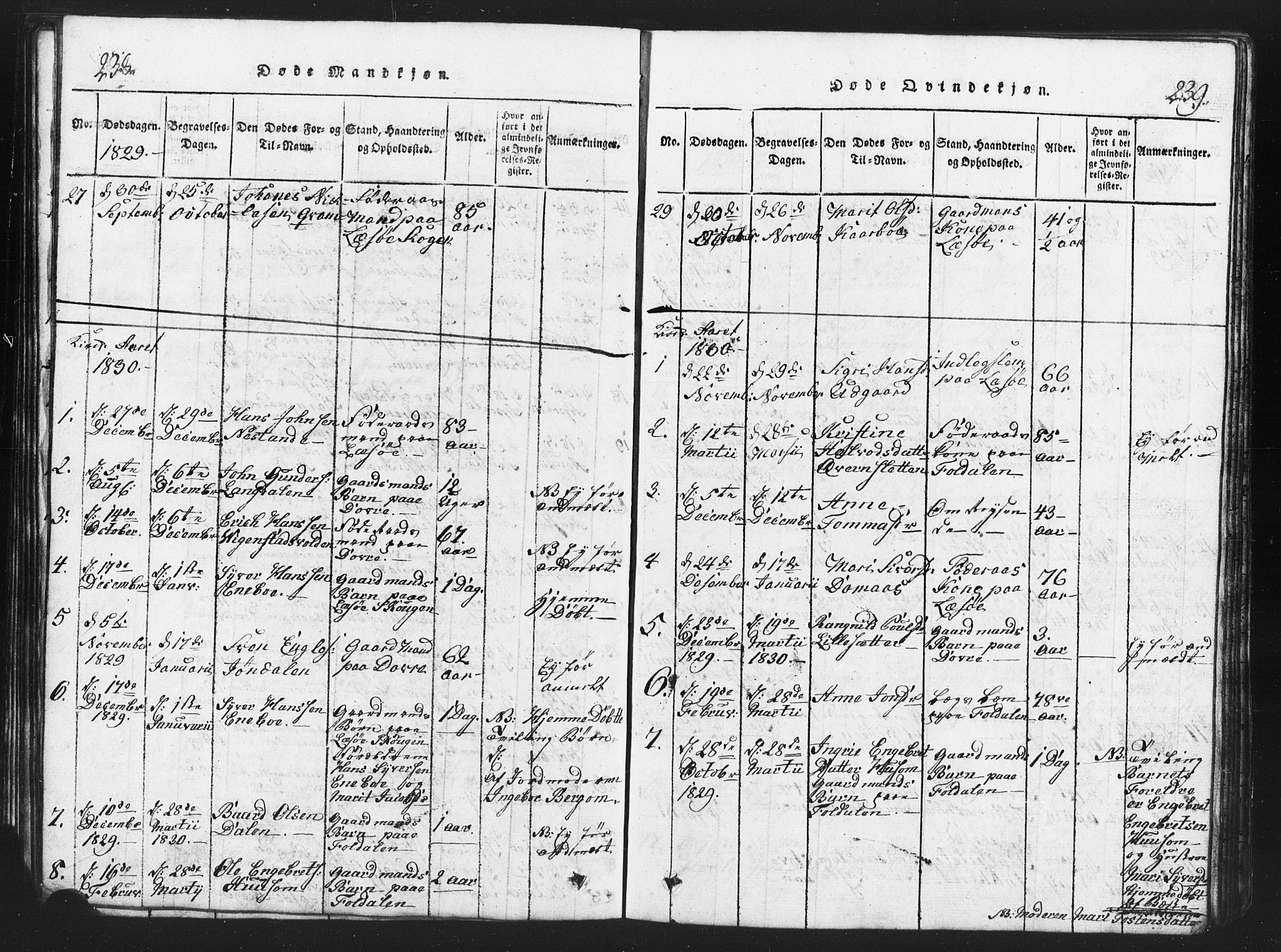 Lesja prestekontor, SAH/PREST-068/H/Ha/Hab/L0001: Parish register (copy) no. 1, 1820-1831, p. 238-239