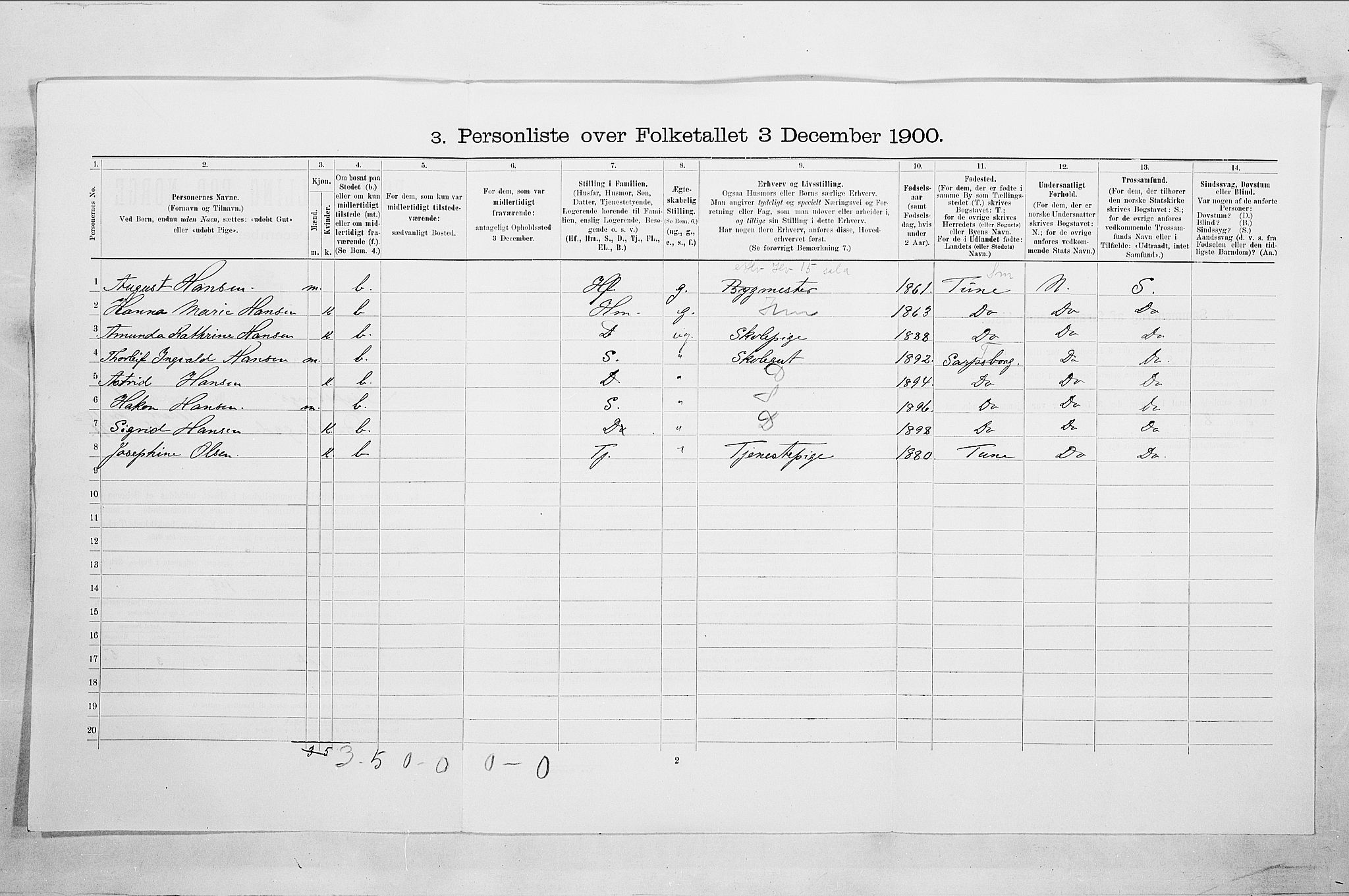 SAO, 1900 census for Sarpsborg, 1900