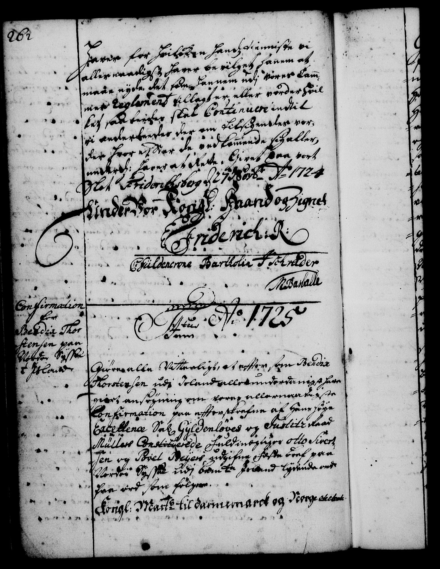 Rentekammeret, Kammerkanselliet, RA/EA-3111/G/Gg/Gge/L0001: Norsk bestallingsprotokoll med register (merket RK 53.25), 1720-1730, p. 262
