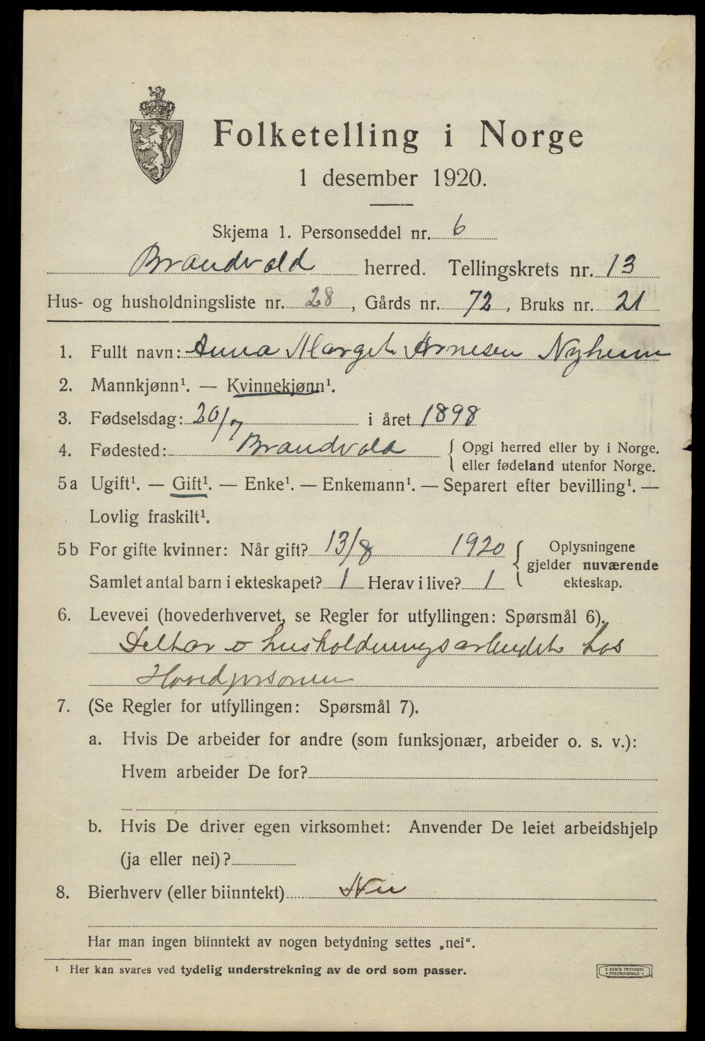 SAH, 1920 census for Brandval, 1920, p. 9478