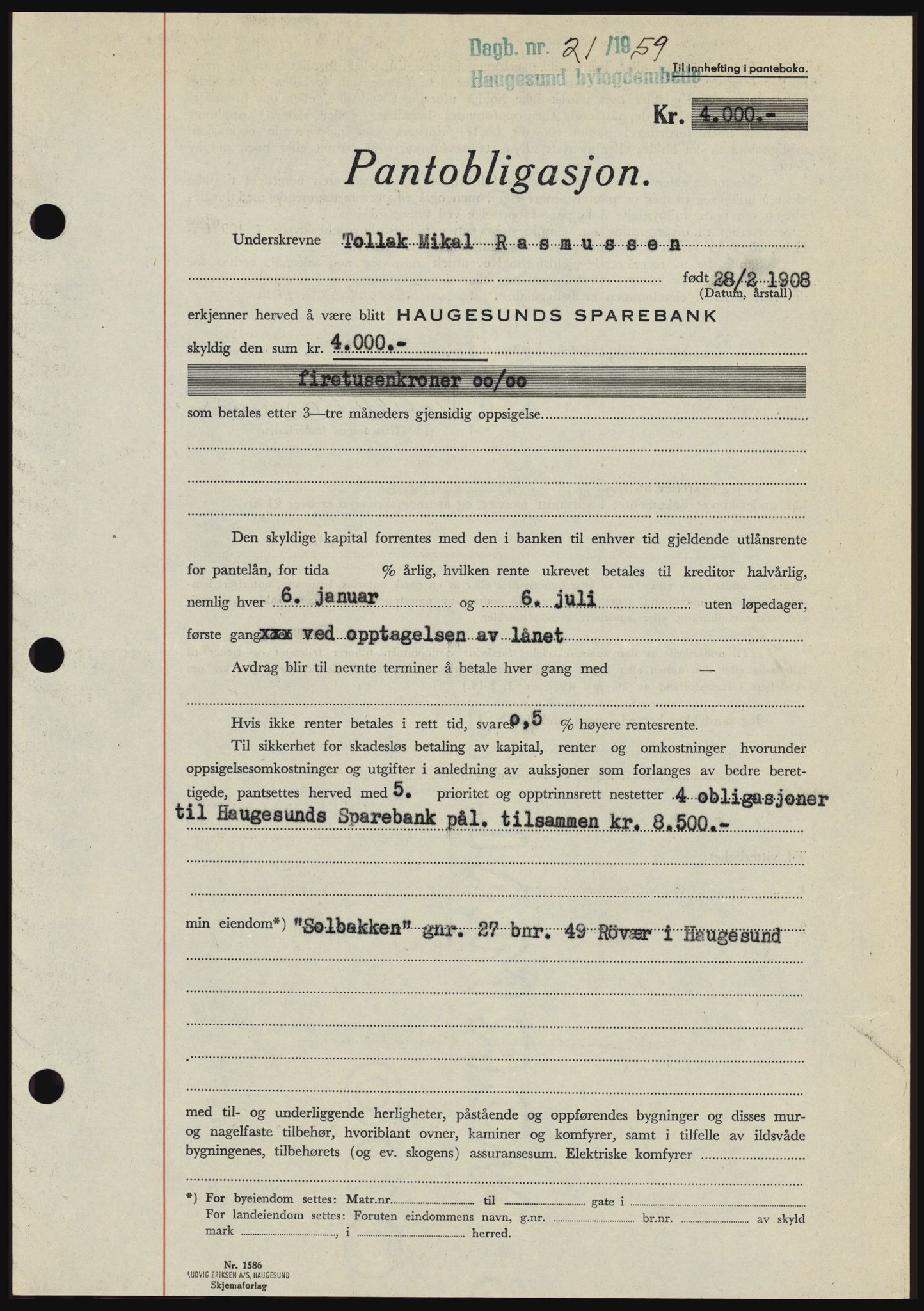 Haugesund tingrett, SAST/A-101415/01/II/IIC/L0044: Mortgage book no. B 44, 1958-1959, Diary no: : 21/1959