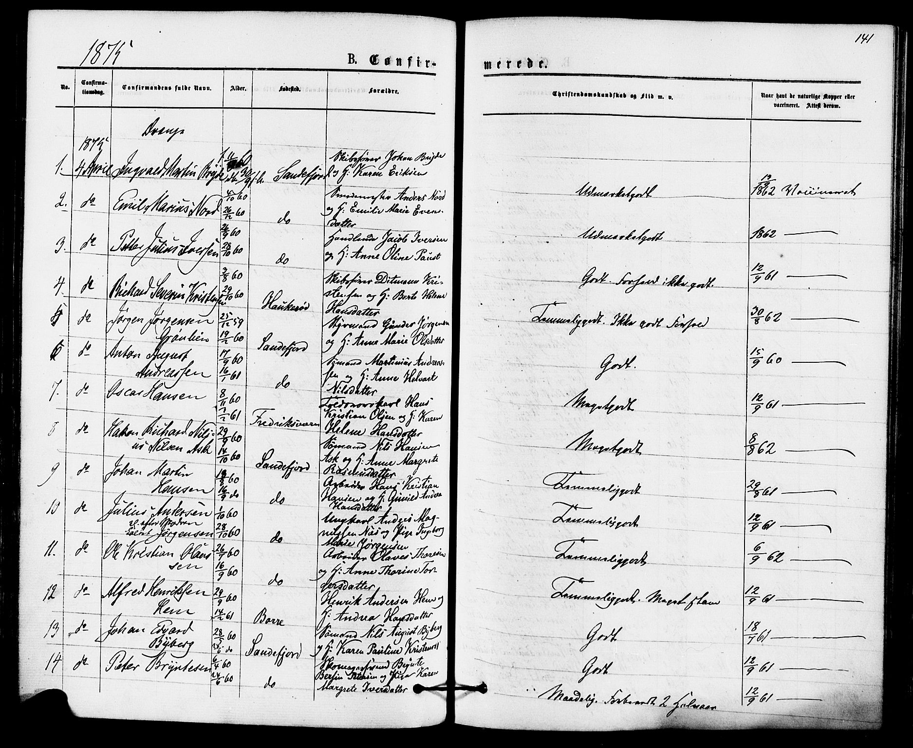 Sandefjord kirkebøker, SAKO/A-315/F/Fa/L0001: Parish register (official) no. 1, 1873-1879, p. 141