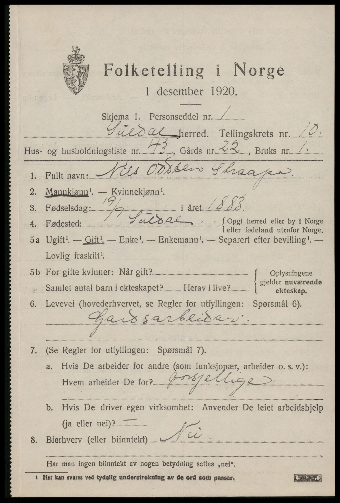 SAST, 1920 census for Suldal, 1920, p. 3226