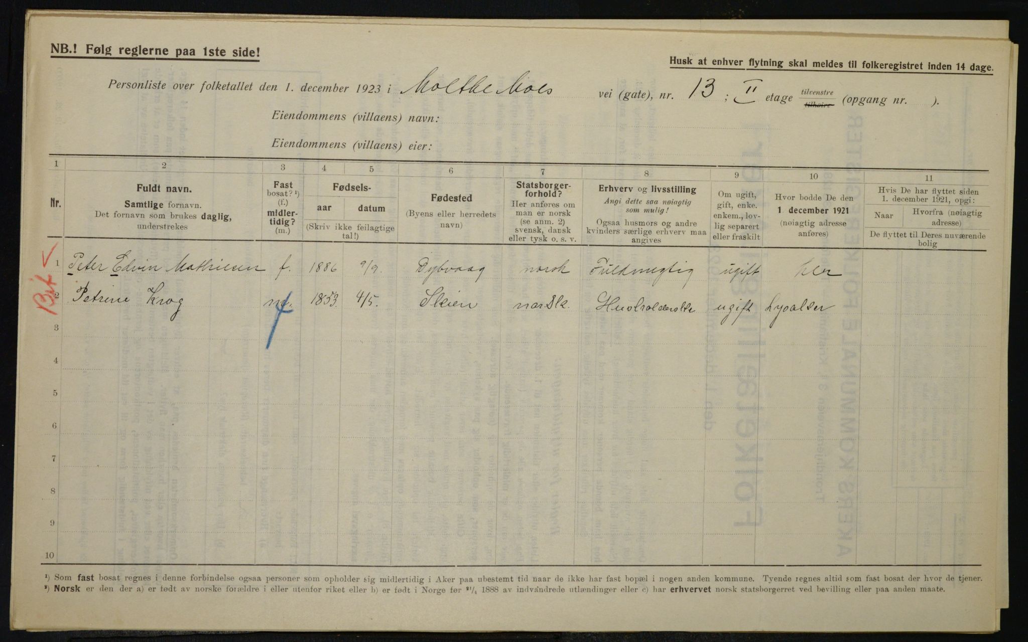 , Municipal Census 1923 for Aker, 1923, p. 21454