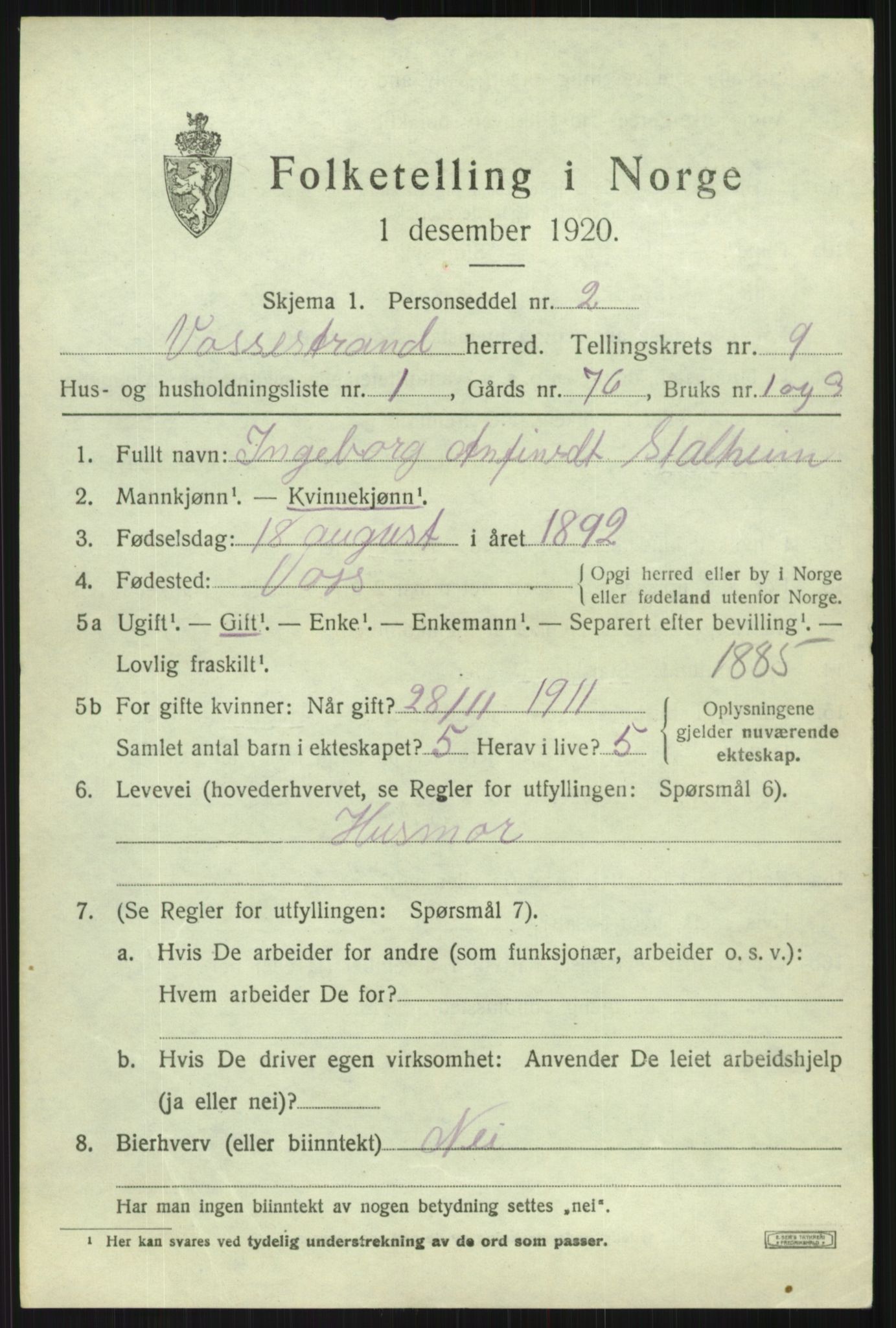 SAB, 1920 census for Vossestrand, 1920, p. 3902