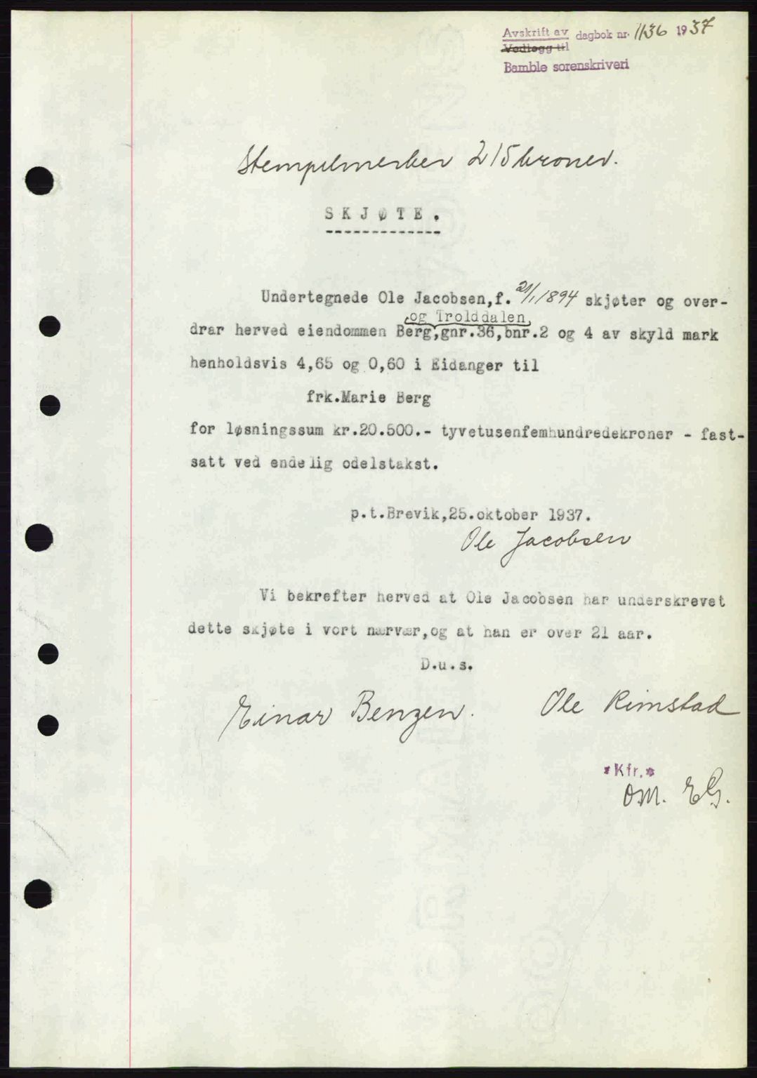 Bamble sorenskriveri, AV/SAKO-A-214/G/Ga/Gag/L0002: Mortgage book no. A-2, 1937-1938, Diary no: : 1136/1937