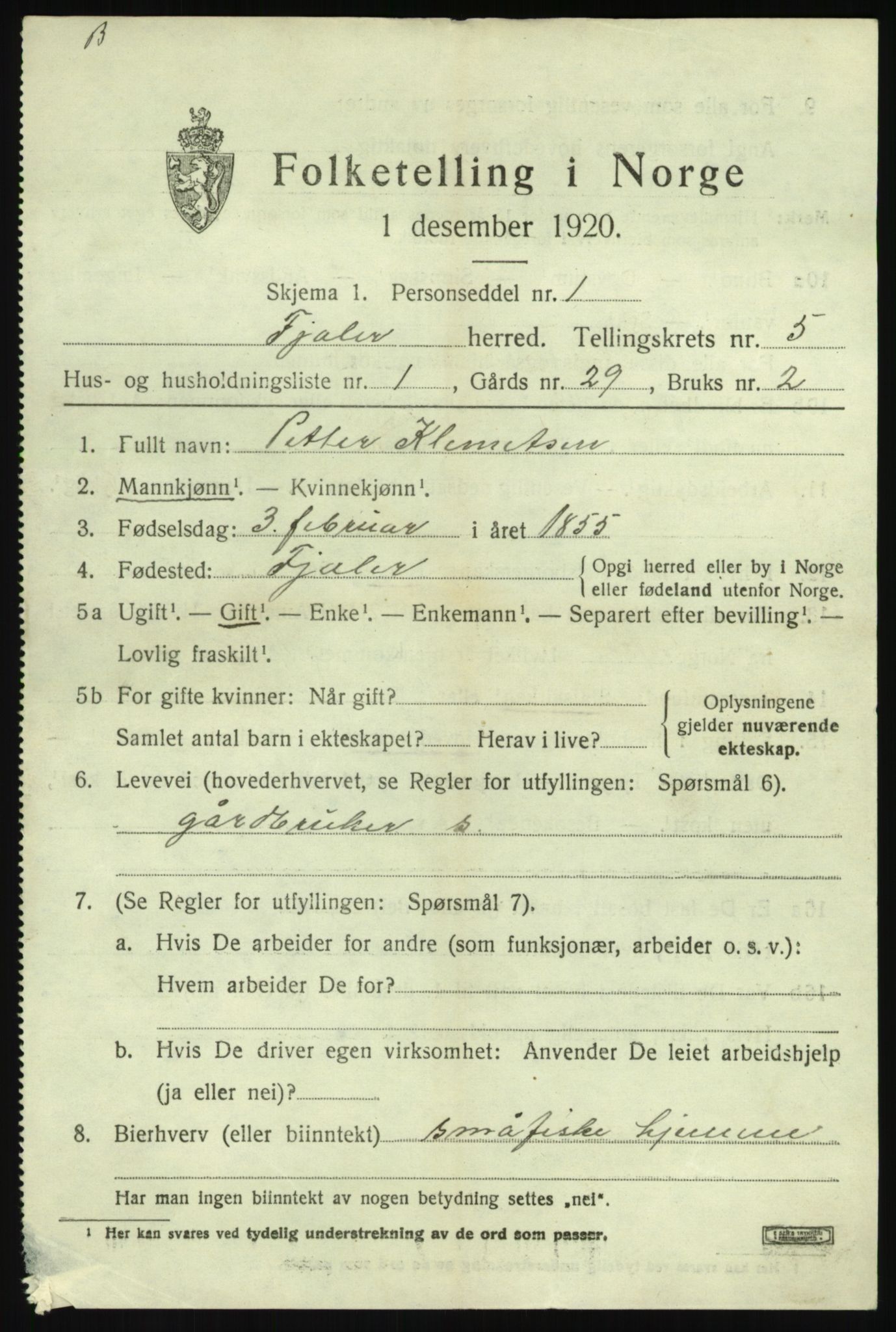 SAB, 1920 census for Fjaler, 1920, p. 3467