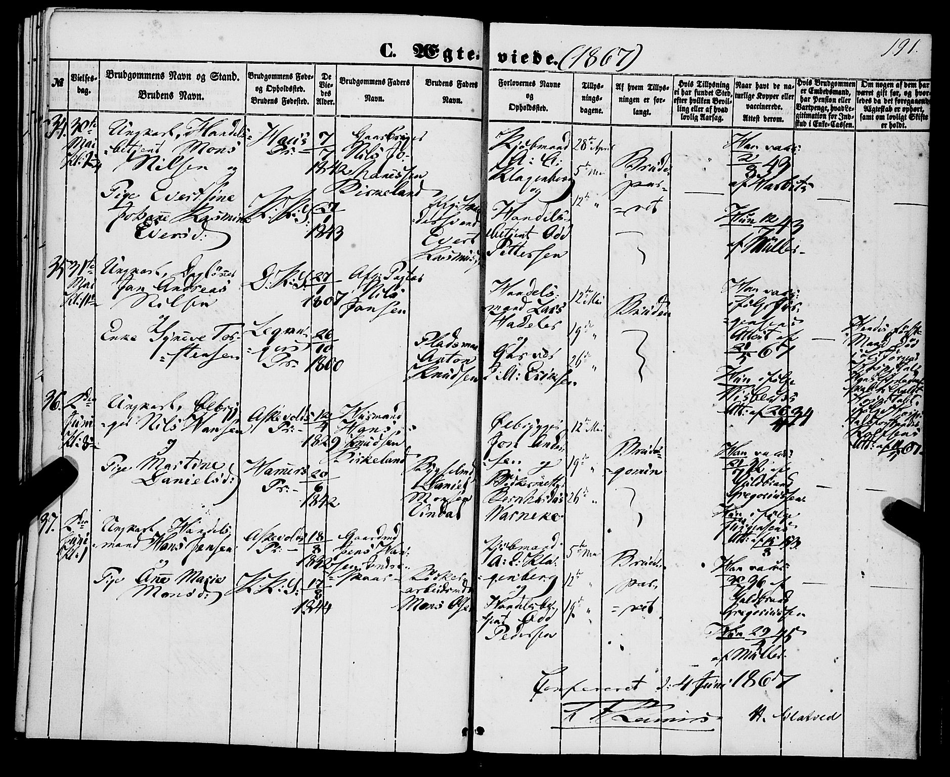 Korskirken sokneprestembete, AV/SAB-A-76101/H/Haa/L0035: Parish register (official) no. D 2, 1852-1867, p. 191