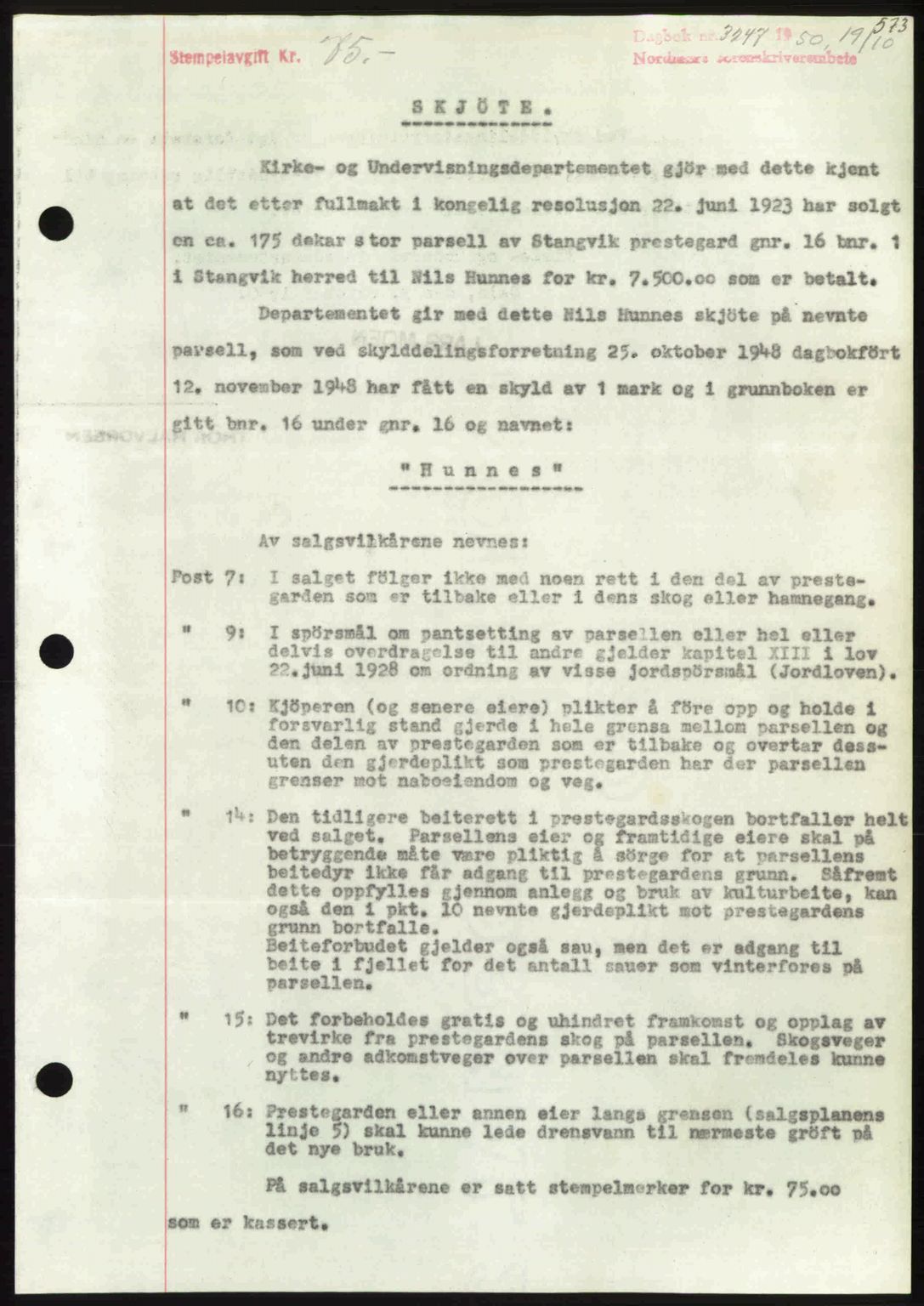 Nordmøre sorenskriveri, AV/SAT-A-4132/1/2/2Ca: Mortgage book no. A116, 1950-1950, Diary no: : 3247/1950