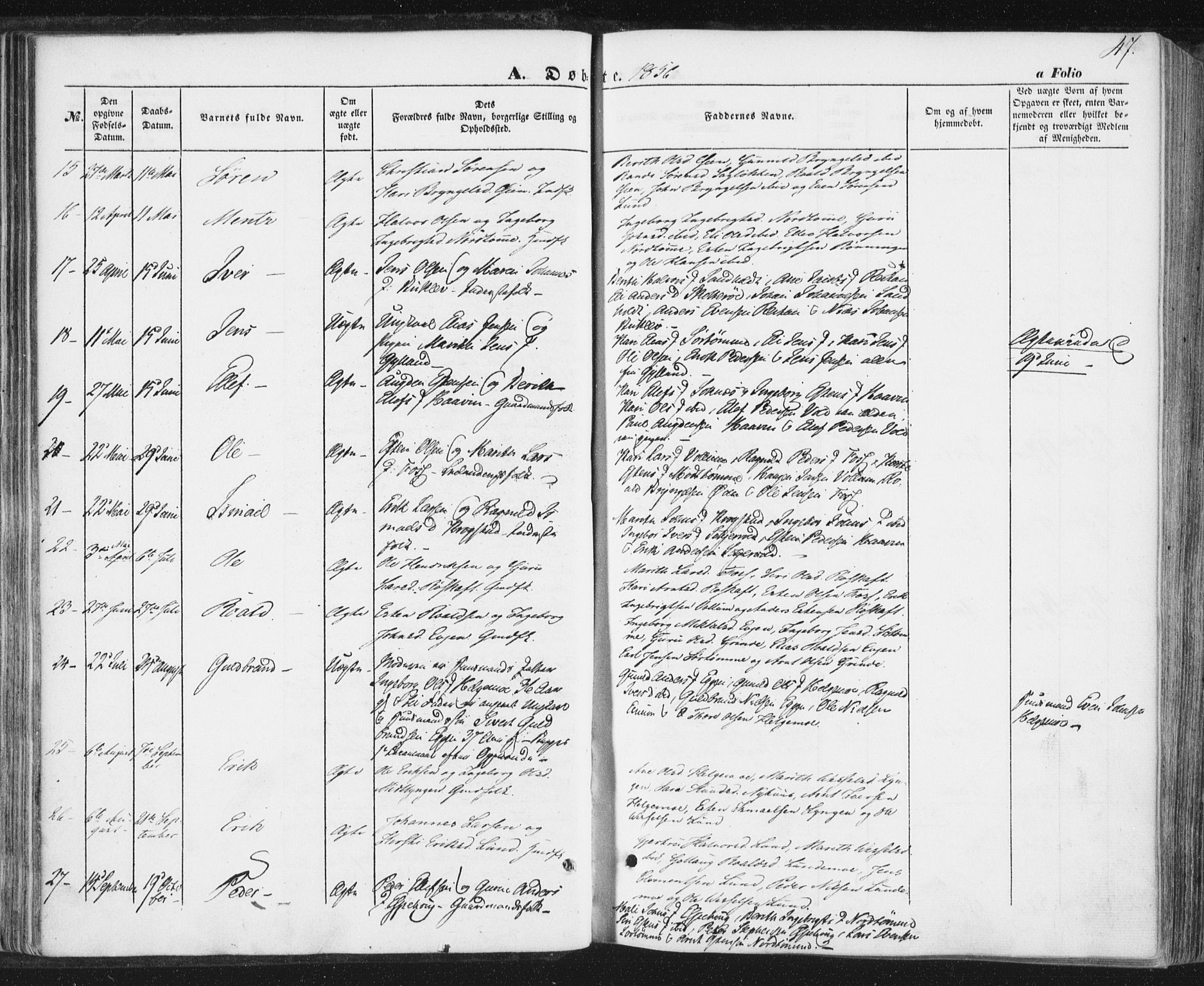 Ministerialprotokoller, klokkerbøker og fødselsregistre - Sør-Trøndelag, SAT/A-1456/692/L1103: Parish register (official) no. 692A03, 1849-1870, p. 47