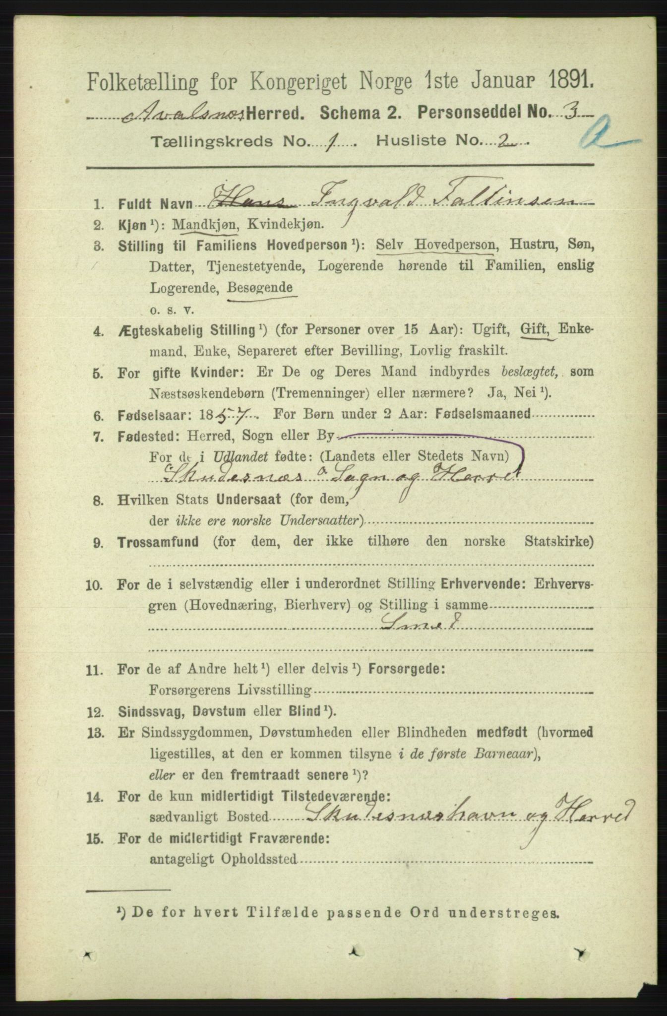 RA, 1891 census for 1147 Avaldsnes, 1891, p. 176
