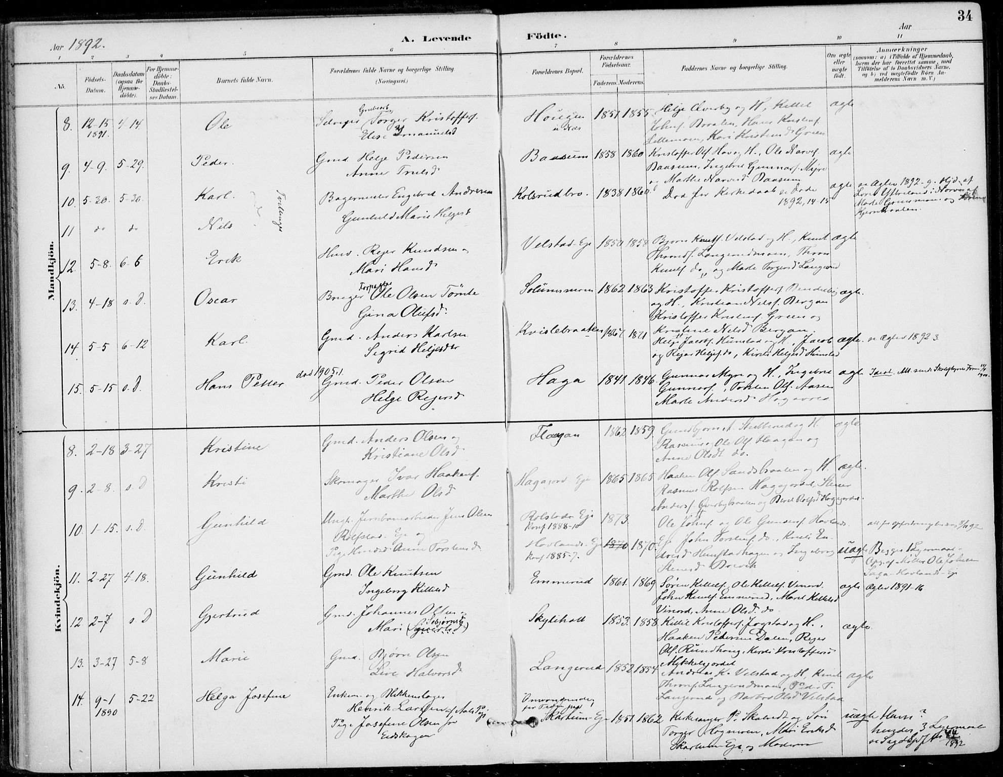 Sigdal kirkebøker, AV/SAKO-A-245/F/Fb/L0001: Parish register (official) no. II 1, 1888-1900, p. 34