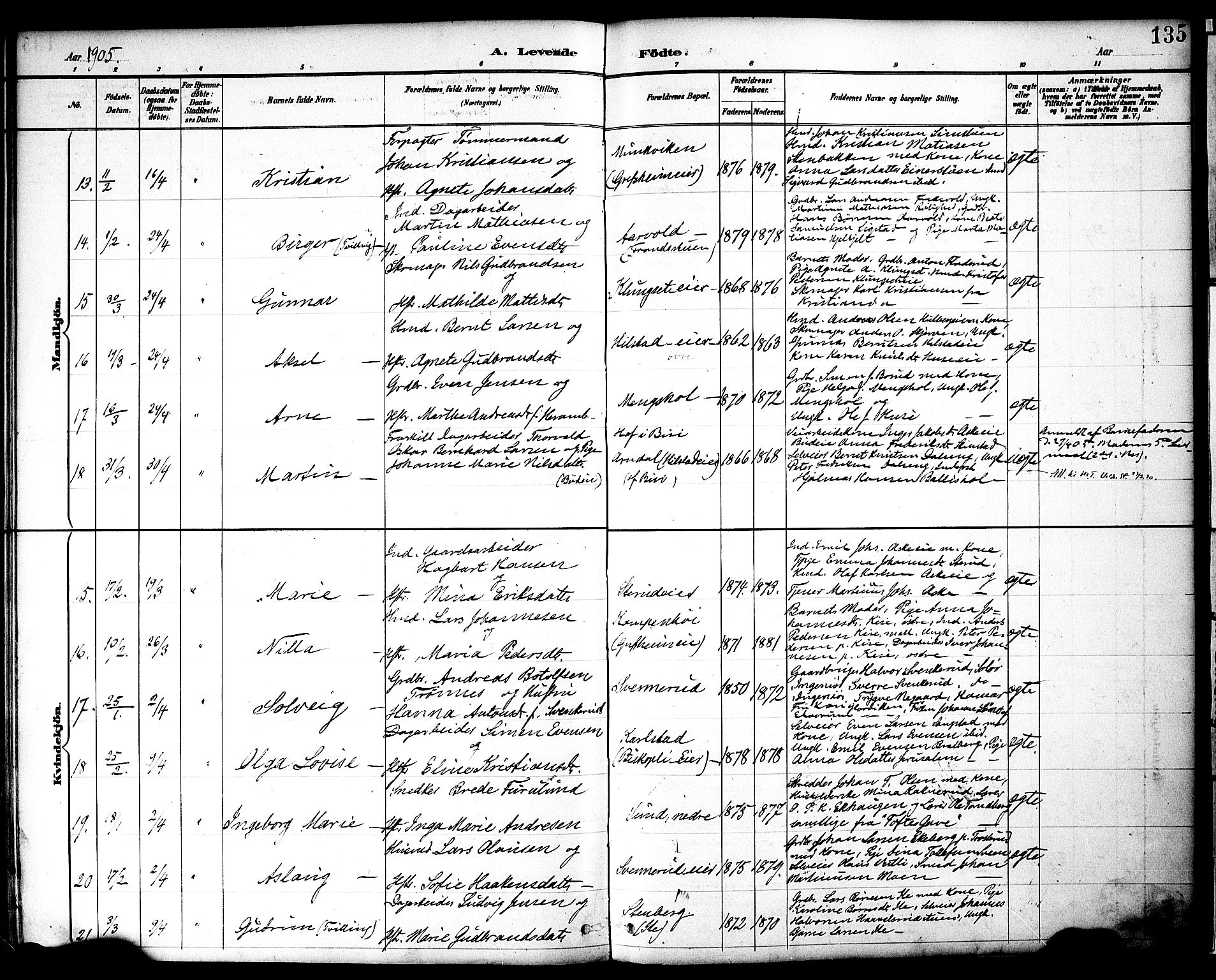 Nes prestekontor, Hedmark, AV/SAH-PREST-020/K/Ka/L0009: Parish register (official) no. 9, 1887-1905, p. 135