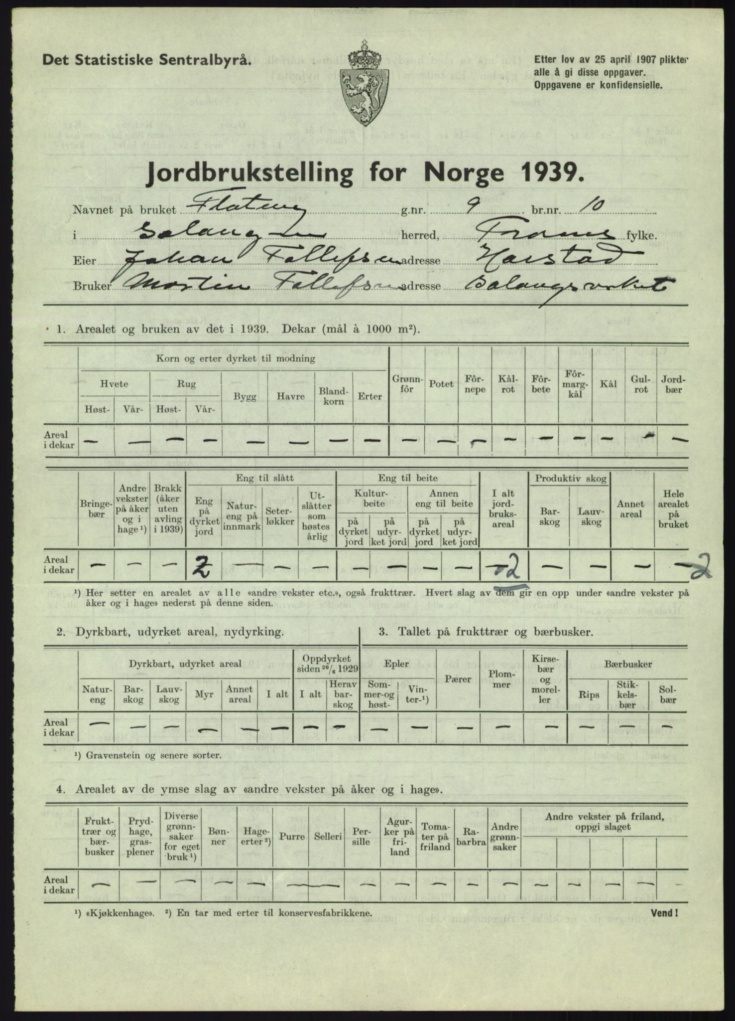 Statistisk sentralbyrå, Næringsøkonomiske emner, Jordbruk, skogbruk, jakt, fiske og fangst, AV/RA-S-2234/G/Gb/L0340: Troms: Salangen og Dyrøy, 1939, p. 19