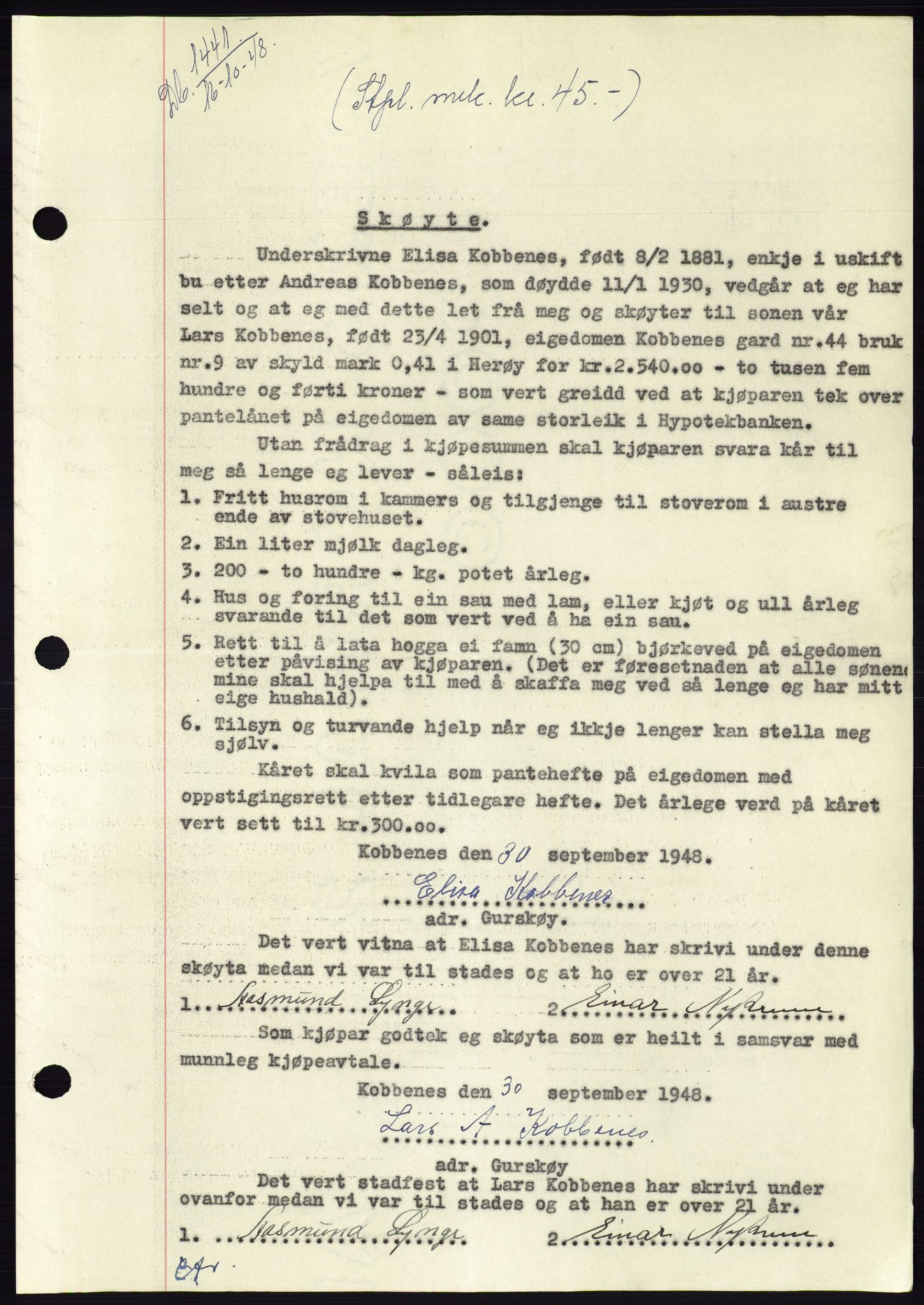 Søre Sunnmøre sorenskriveri, AV/SAT-A-4122/1/2/2C/L0083: Mortgage book no. 9A, 1948-1949, Diary no: : 1441/1948