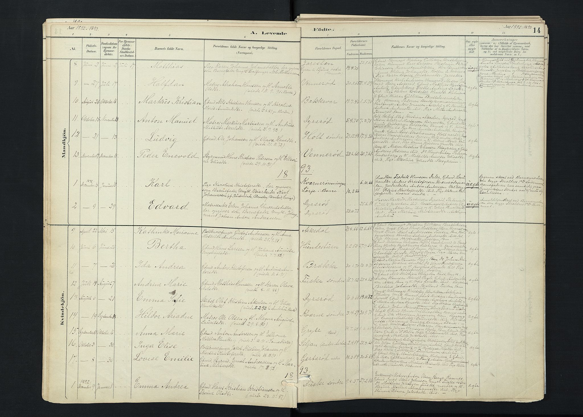 Stokke kirkebøker, SAKO/A-320/F/Fc/L0001: Parish register (official) no. III 1, 1884-1910, p. 14