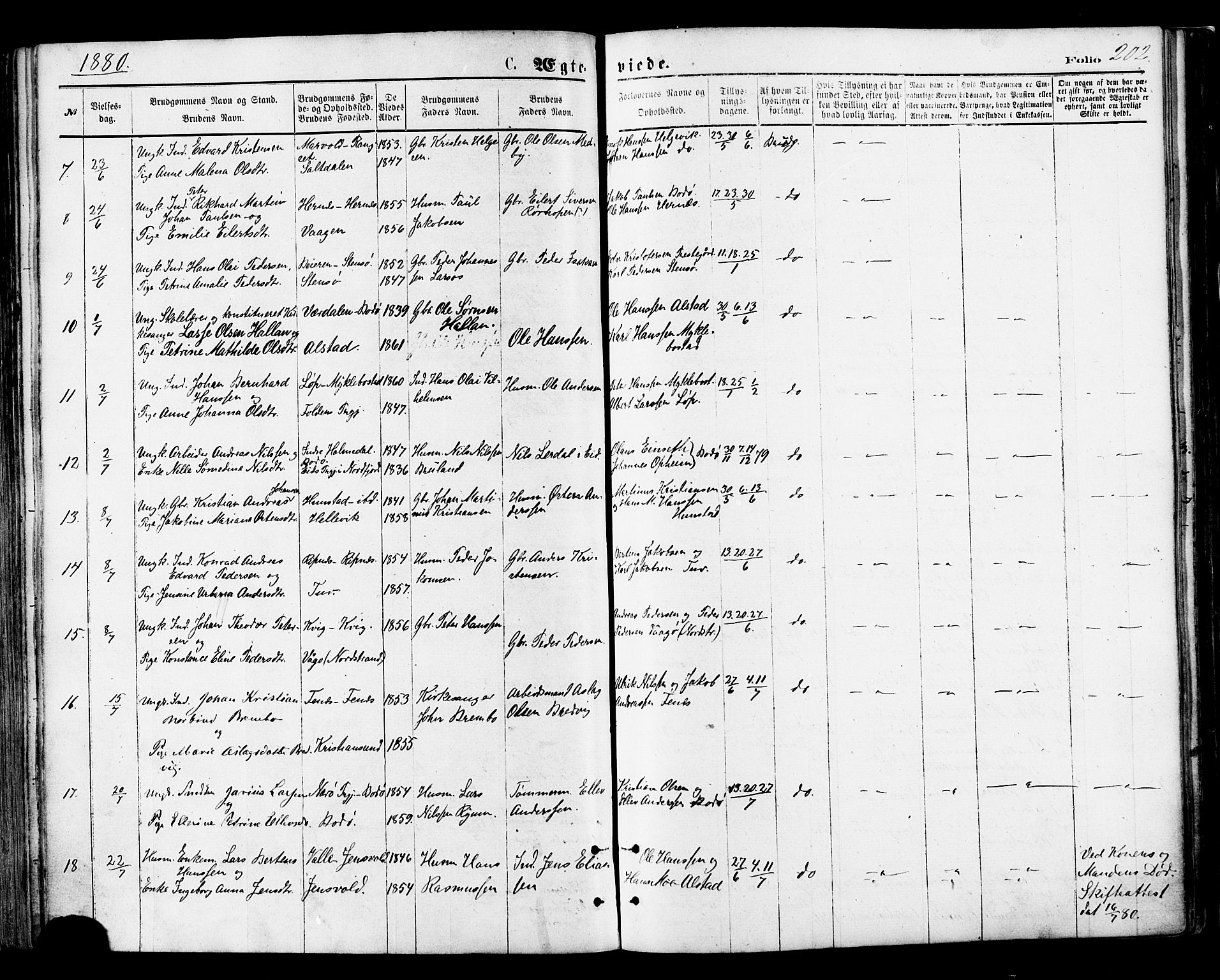 Ministerialprotokoller, klokkerbøker og fødselsregistre - Nordland, AV/SAT-A-1459/801/L0009: Parish register (official) no. 801A09, 1876-1883, p. 202