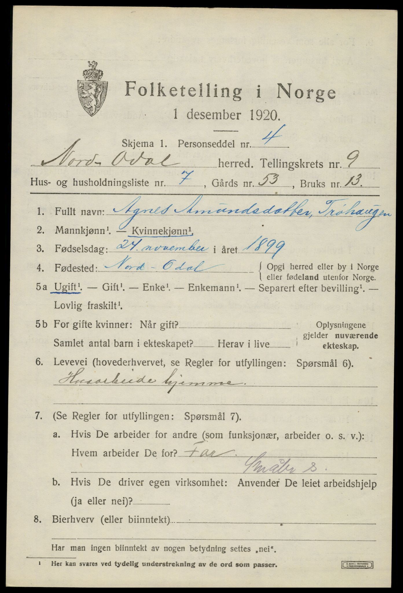 SAH, 1920 census for Nord-Odal, 1920, p. 9649