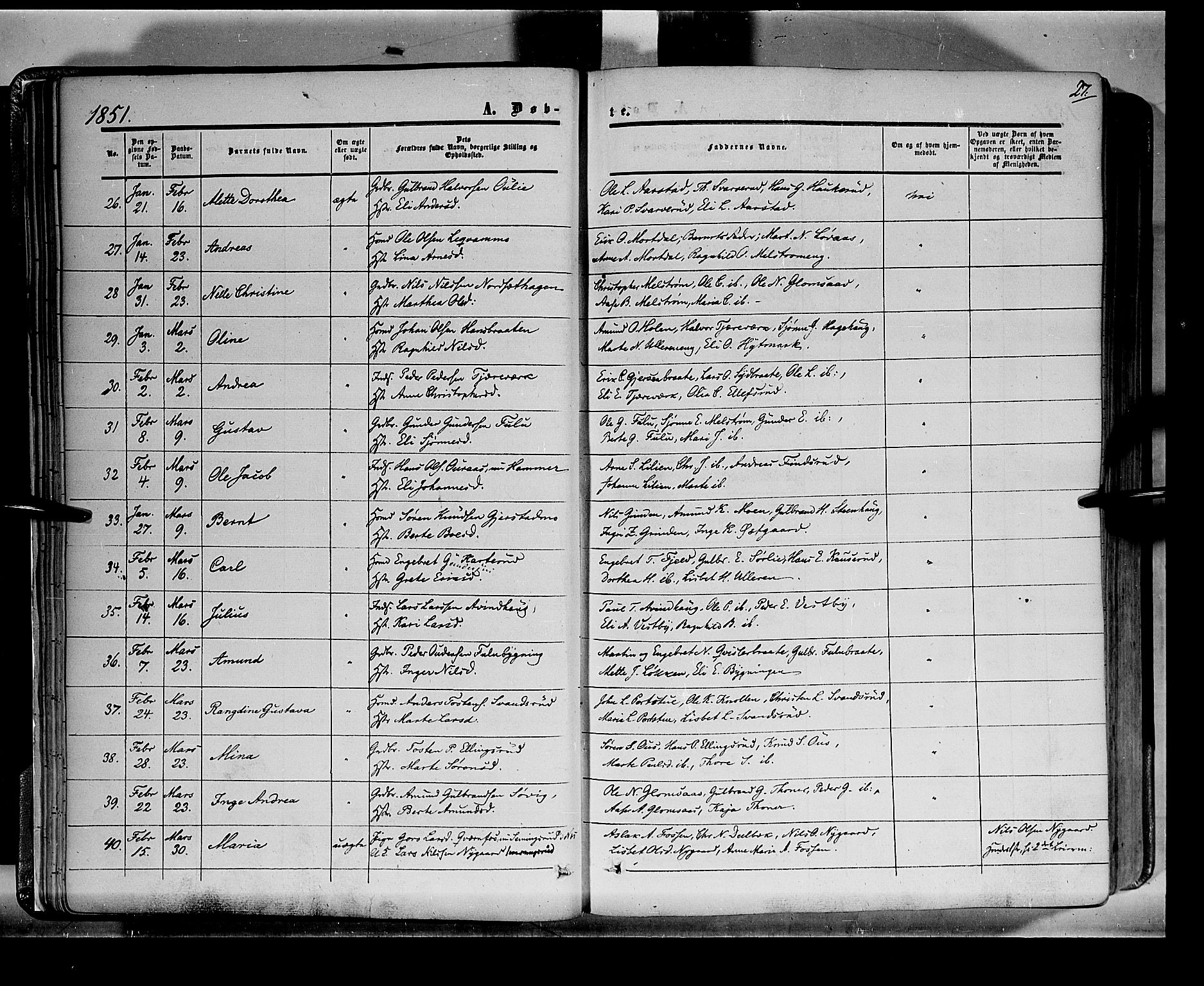 Sør-Odal prestekontor, AV/SAH-PREST-030/H/Ha/Haa/L0001: Parish register (official) no. 1, 1849-1859, p. 27