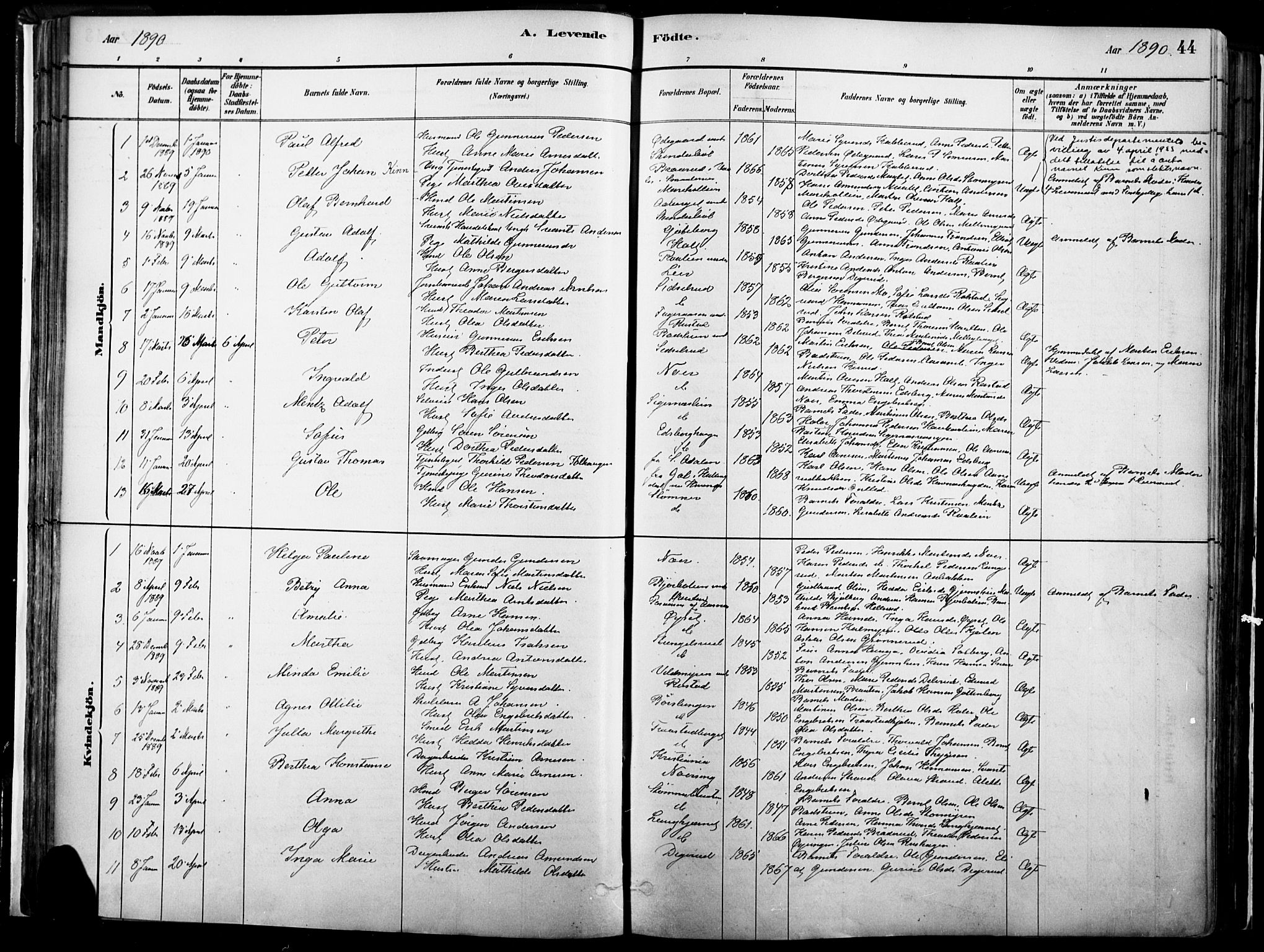 Vinger prestekontor, SAH/PREST-024/H/Ha/Haa/L0014: Parish register (official) no. 14, 1881-1900, p. 44