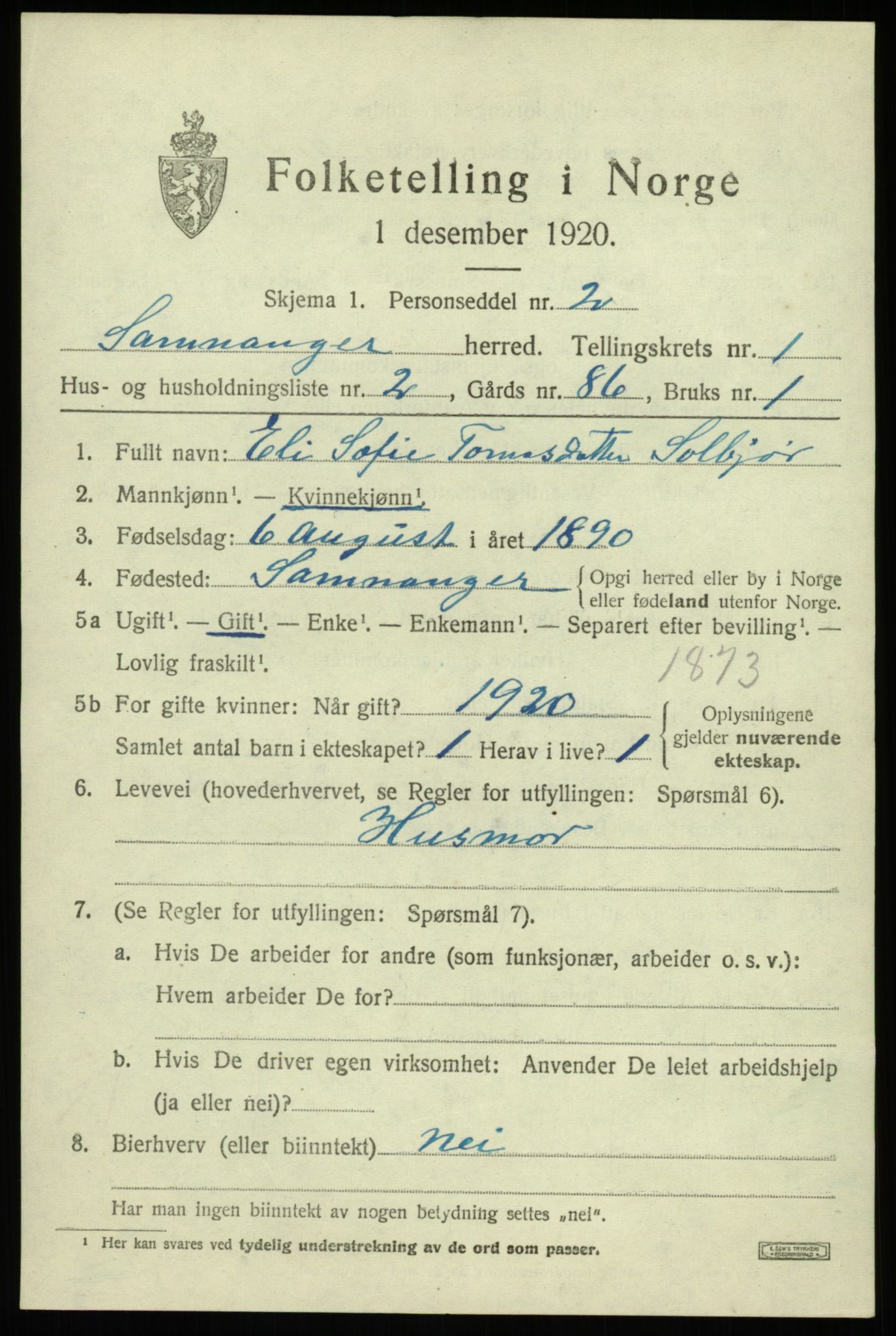 SAB, 1920 census for Samnanger, 1920, p. 861