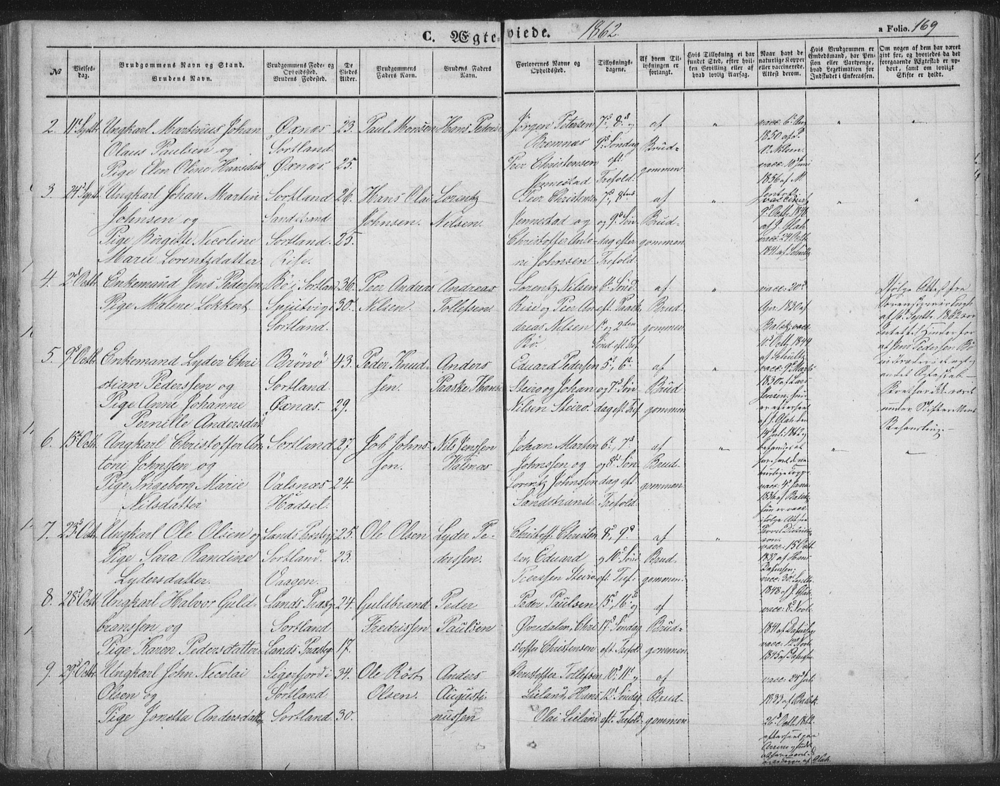 Ministerialprotokoller, klokkerbøker og fødselsregistre - Nordland, SAT/A-1459/895/L1369: Parish register (official) no. 895A04, 1852-1872, p. 169
