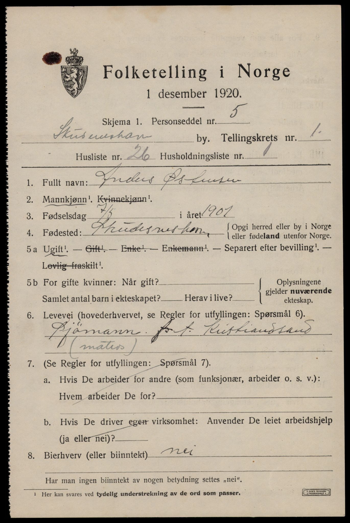 SAST, 1920 census for Skudeneshavn, 1920, p. 1386