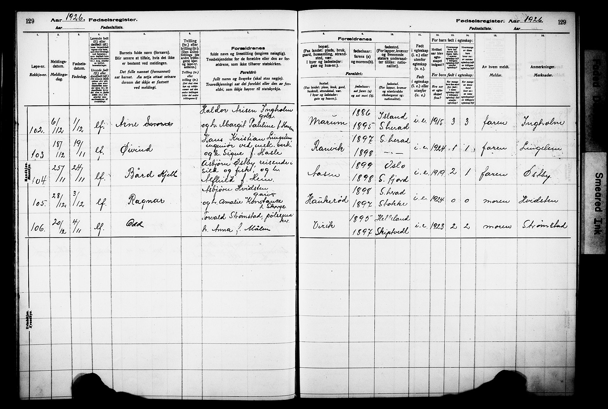 Sandar kirkebøker, SAKO/A-243/J/Ja/L0002: Birth register no. 2, 1922-1929, p. 129