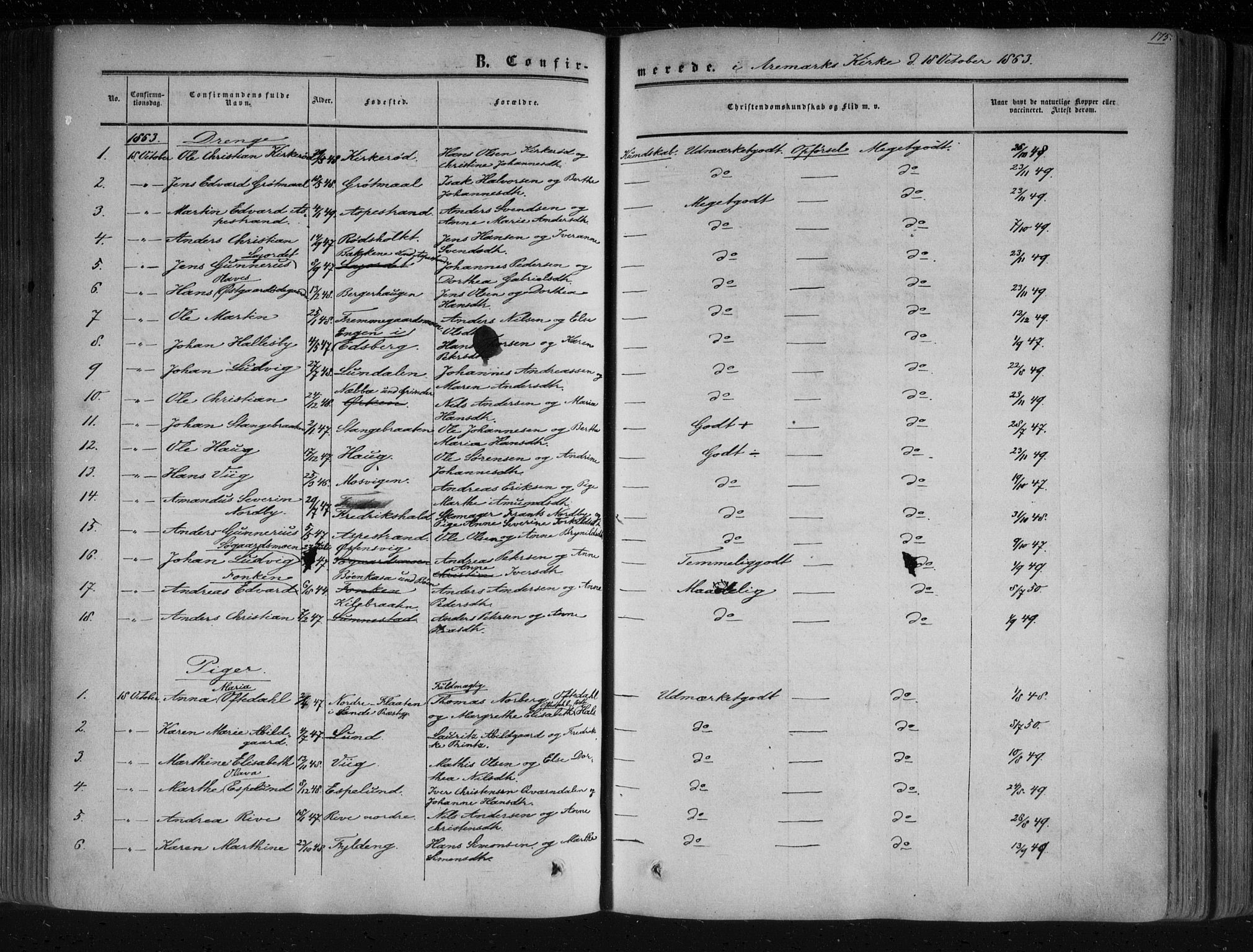 Aremark prestekontor Kirkebøker, SAO/A-10899/F/Fc/L0003: Parish register (official) no. III 3, 1850-1865, p. 175